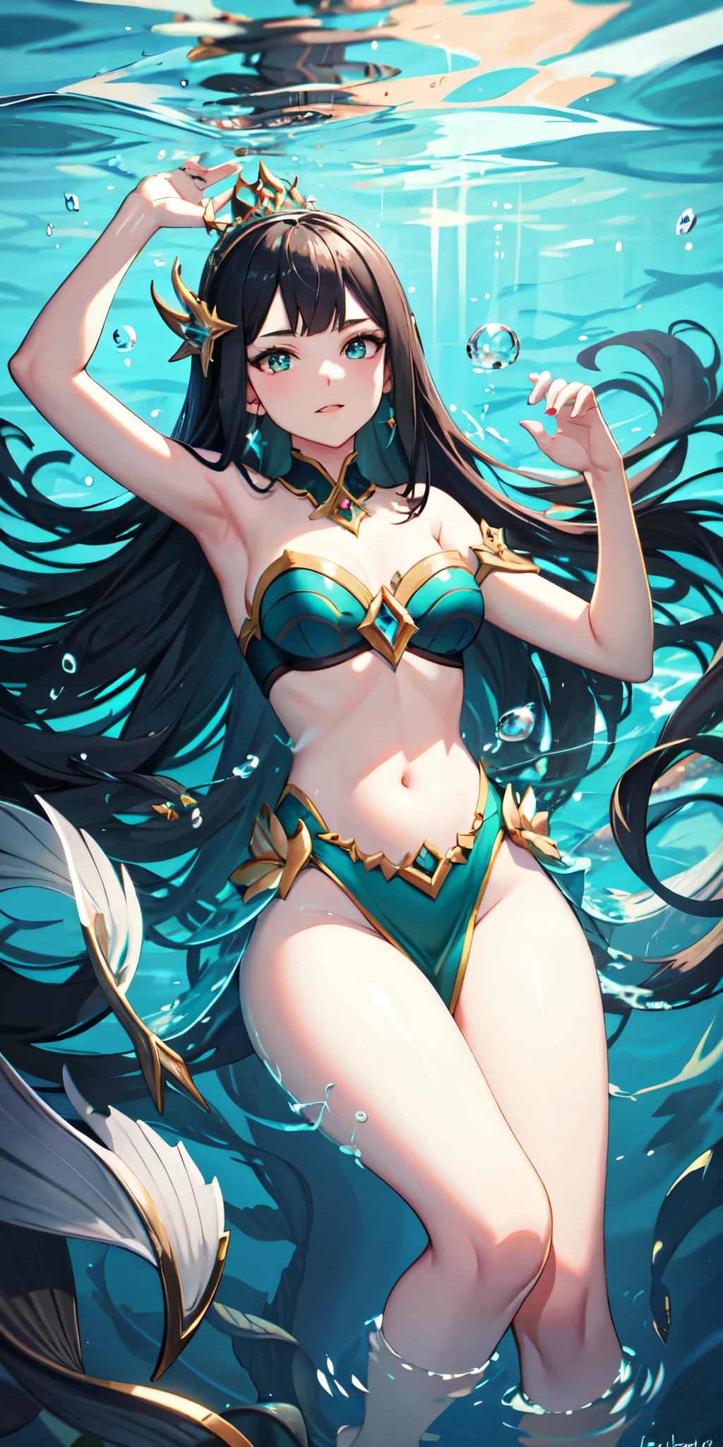 1character, green eyes, mermaid, pearl necklace, blushing, looking down. (Masterpiece: 1.2) (Best quality: 1.3)