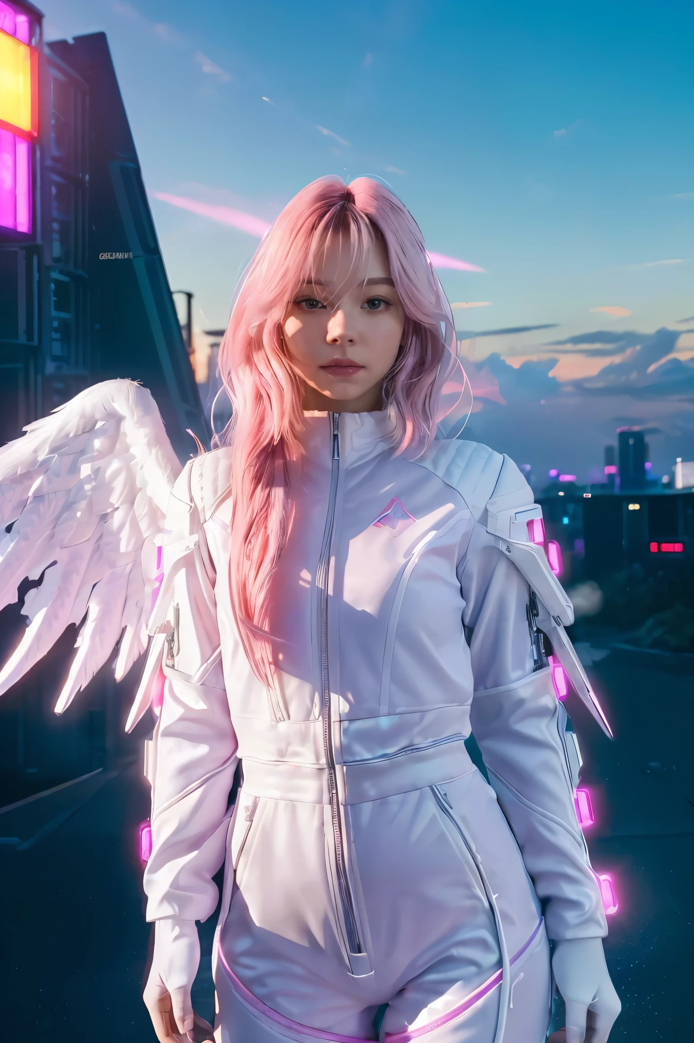((masterpiece, best quality, extremely detailed), volumetric lighting, ambient occlusion, colorful, glowing), 1girl, solo, young girl, (pink hair), long hair, halo, aura, sacred, godness, cyber suit, (white outfit:1.3), android, bot, angel wings, outdoors, sunset, sky, clouds, space, (cyberpunk theme:1.2),