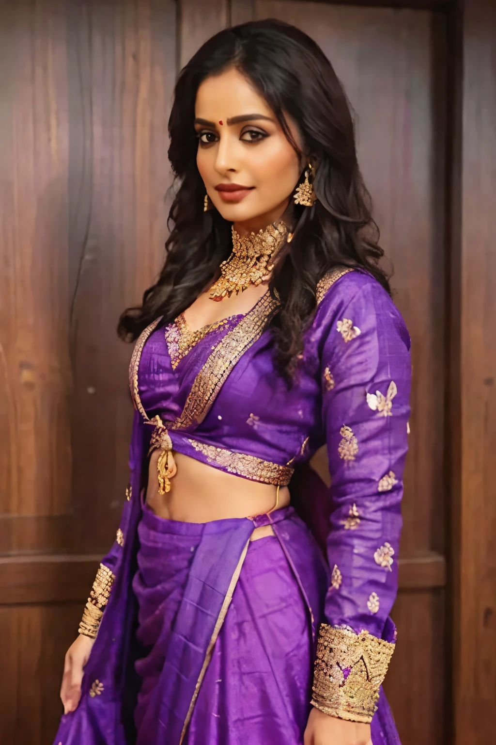 a close up of a woman in a purple dress standing in front of a wooden door, draped in silky purple and gold, draped in purple and gold silk, traditional beauty, indian style, very beautiful enga style, gold and purple, with kerala motifs, with lovely look, wearing an ornate outfit, purple outfit, idian dress, wearing an elegant tribal outfit