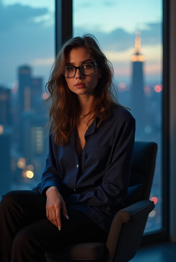 Young woman ,white skin brown hair pretty face , perfect, with black glasses sitting in a chair facing, dressed in a dark blue shirt and black pants, in the background a large window with a cinematic blue sunset city 