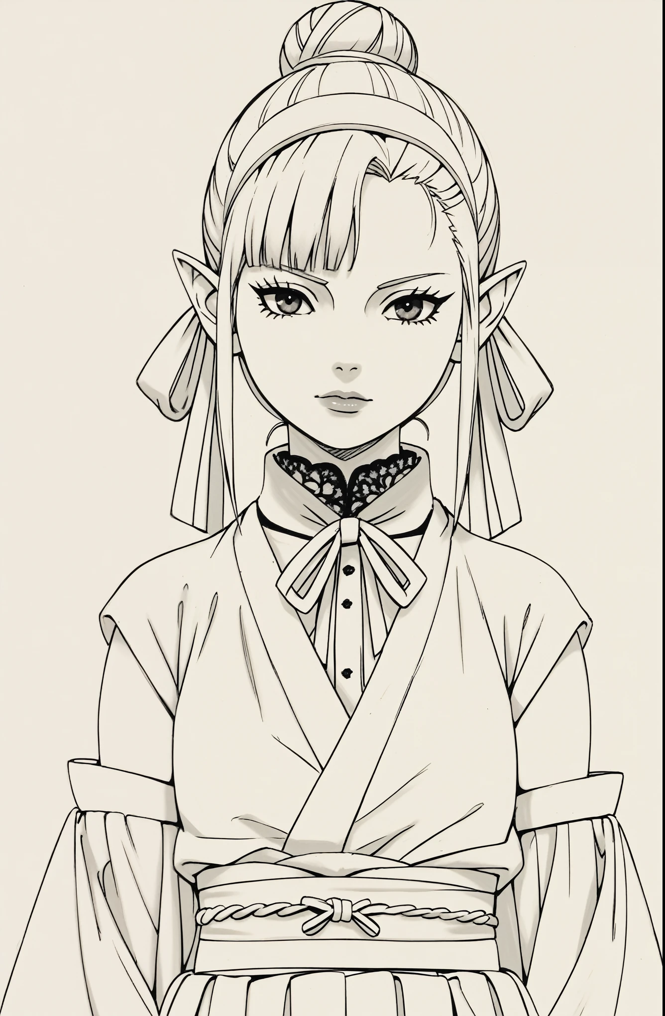 An anime character wearing short black and white hakamas, two ribbons {one at each side of her hairband}, white obi with black and white seigaiha pattern, girl with elf ears, a beautiful young girl with long black hair tied up in one single bun centered on top of her head, asymmetrical chopped bangs sideswept to the right, white hairband with ribbons on both sides of her head, a lock of hair falling in front of the right side of her face. Full shot of an anime character wearing short black and white hakamas, two ribbons {one at each side of her hairband}, white obi with black and white seigaiha pattern, create a digital illustration of full body of a female character with almond-shaped black eyes, elf ears, and round dots instead of eyebrows. For the hairstyle, she should have black hair styled into a single bun at the back of her head, complemented by asymmetrically chopped bangs that transition into a long lock on one side. Her outfit should match short hakama with detached sleeves and frills under the shorts and the sleeves, in a gothic style, featuring intricate white lace patterns, detailed cutouts, and a white obi with a black seigaiha black pattern. The upper part of the outfit should be a kimono blouse with detached sleeves. The outfit should include layered skirts and ribbon details to emphasize a similar aesthetic. Add a muted background that complements her striking attire and hairstyle. Artwork in the style of guweiz, digital art inspired by the style of Ilya Kuvshinov, 8k, high resolution, HDR, vivid colors, dramatic light detailed anime art, 8k, high resolution, photorealistic, dramatic lighting, artwork in the style of guweiz, detailed portrait of anime girl, beautiful anime portrait, anime realism style, anime style portrait, anime style 4 k, realistic anime art style, digital art ilya kuvshinov, realistic anime artstyle, ilya kuvshinov. Portrait anime girl, girl wearing black hakama with detached sleeves.