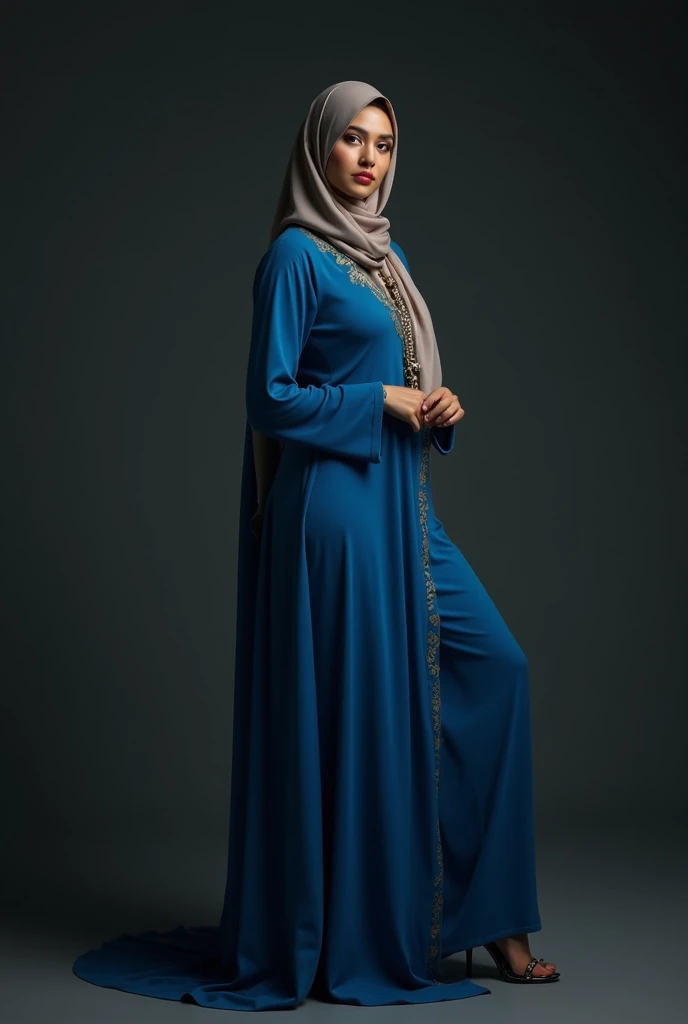 RAW, (Best quality, high resolution, work: 1.3), Beautiful Malay woman in hijab, fit body, Big breasts, Beautiful big eyes, Soft smile, beautiful face, slightly open mouth, thick thighs, beautiful buttocks, beautiful girl, detailed face , woman in blue hijab and gray jacket walking on the pier, casual muslim clothing style wearing elegant casual malay muslim clothing and long flowing skirt, modern muslim fashion clothing, simple style, wearing beautiful clothes, blue and grey, muslim, bright lighting Very good.
