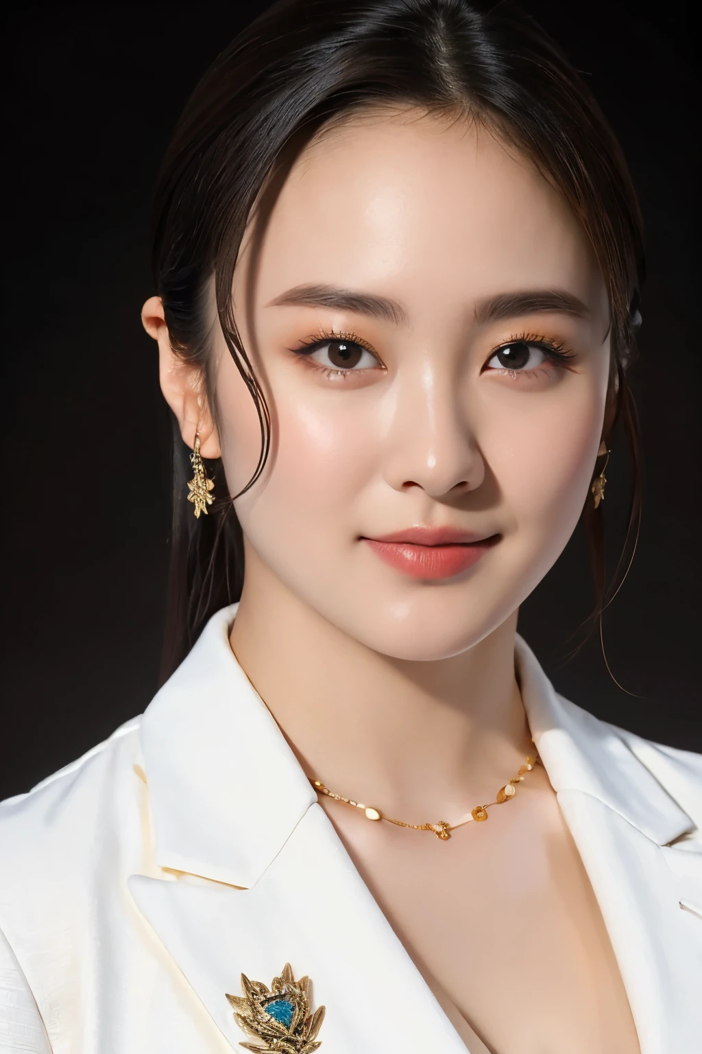 High resolution、masterpiece、Textured skin、high quality、超High resolution、politician, Very detailed、woman、Looking at the camera、(Big Breasts:1.1)、(Cleavage:1.0), (sagging breasts:1.0), Perfect Style、white jacket, suit, necklace, earring, parliament badge,