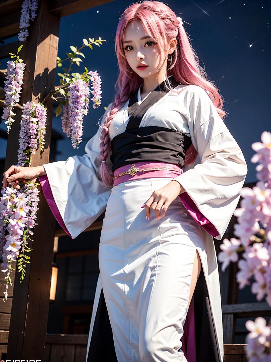 place：(night:1.7), wisteria flowers, action：Dynamic posture,Combat posture, holding a Japanese sword, trap：(demon slayer clothes), ((black kimono)), ((White feather weave)), character：Mitsuri Kanroji,Demon slayer, hair：Pink hair((緑Colorのeye)), ((Pink hair)), ((Green hairs)) , Braid,long hair , Long hair, Locking a Role： 1 girl,alone,young ,beautiful finger,beautiful long legs,beautiful body,beautiful nose,beautiful character design, Perfect Eye, Perfect face, Eye&#39;s expression：笑face, view viewer, (innocent_big_eye:1.0),(笑face:1.5), quality: official art,Highly detailed CG Unity 8k wallpaper, Perfect lit,Colorful, bright_front_face_lit, (masterpiece:1.0),(Highest_quality:1.0), 超High resolution,4K,Super detailed, photo shoot, 8k, HDR, High resolution, Absurd :1.2, kodak portrait 400, film grain, The background is blurred, bokeh:1.2, Lens flare, (lively_Color:1.2),笑face