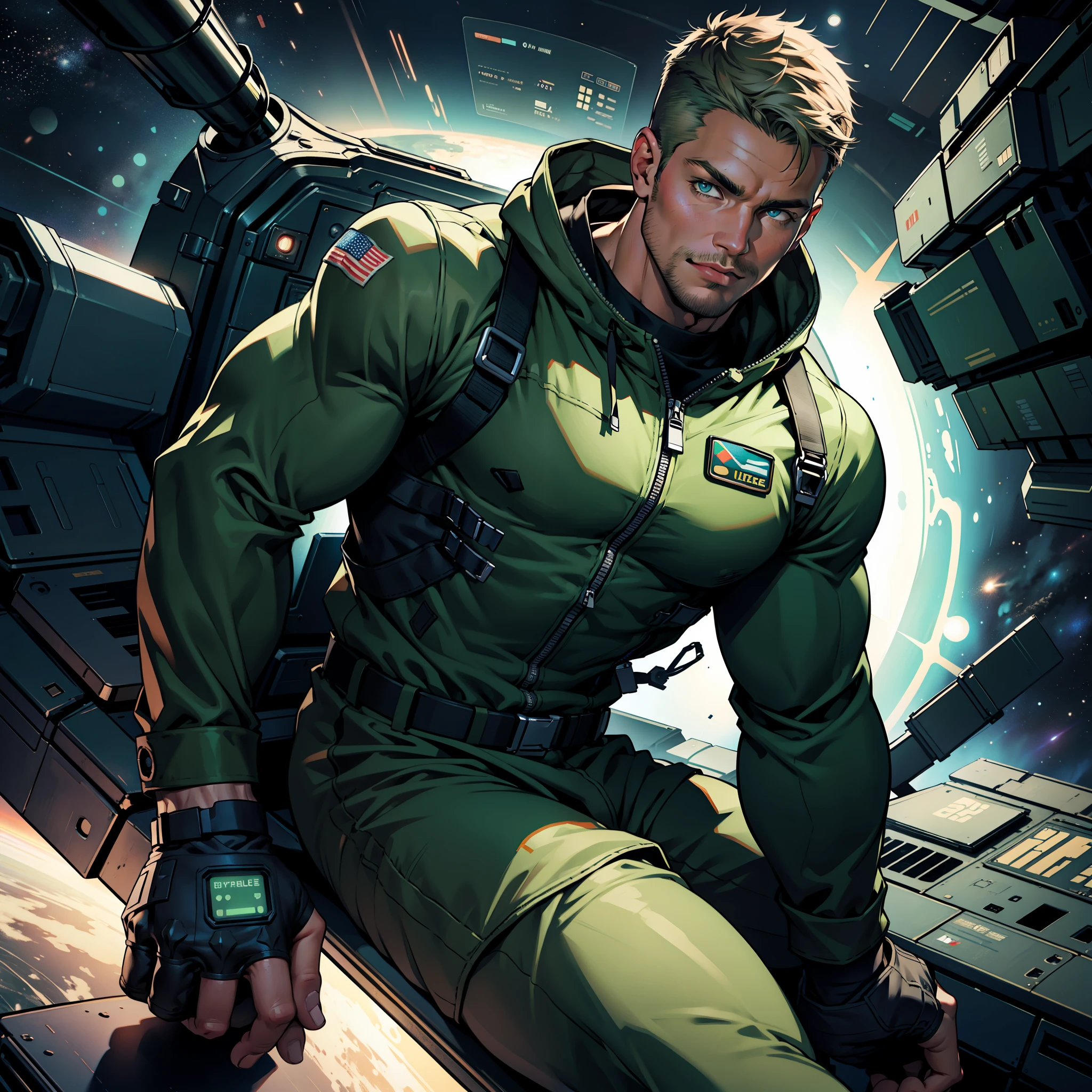 32k,masterpiece, best quality, detailed face, natural eyes,1man, solo mature man, muscled and mature, stephen amell as an astronaut wearing future space suit, dark green suit, showing muscles and bulge ,floating in the space inside a space shuttle , with "arrow" text and logo on his suit , full body, intricate Detailed background , volumetric lighting