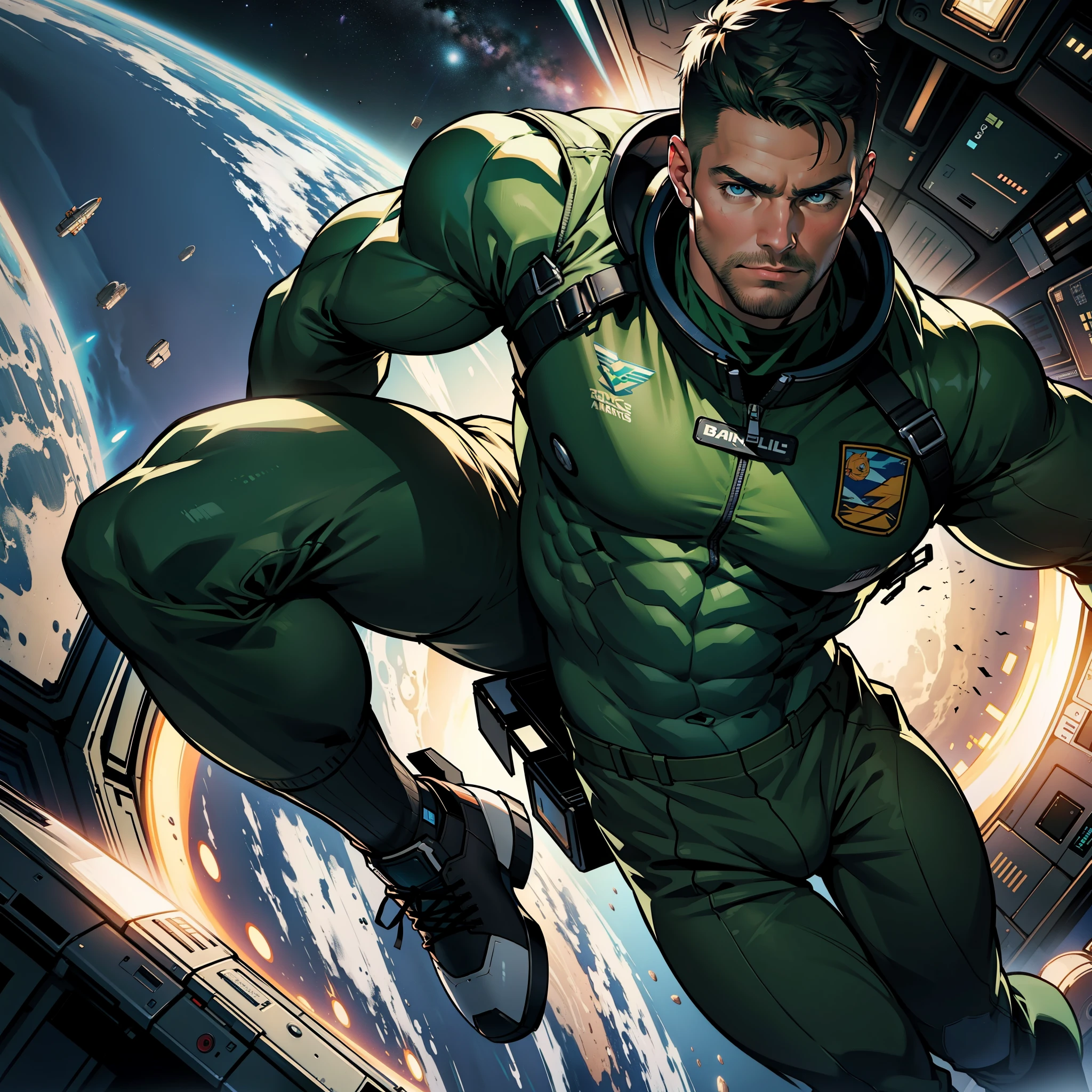 a muscular HUNK , STEPHEN AMELL cyber-hero with DARK DARK GREEN spandex suit FOR SPACE TRAVELING in spaceship , REVEALING HIS MUSCLES AND BULGE WITH HIS PRIVATE TRACE