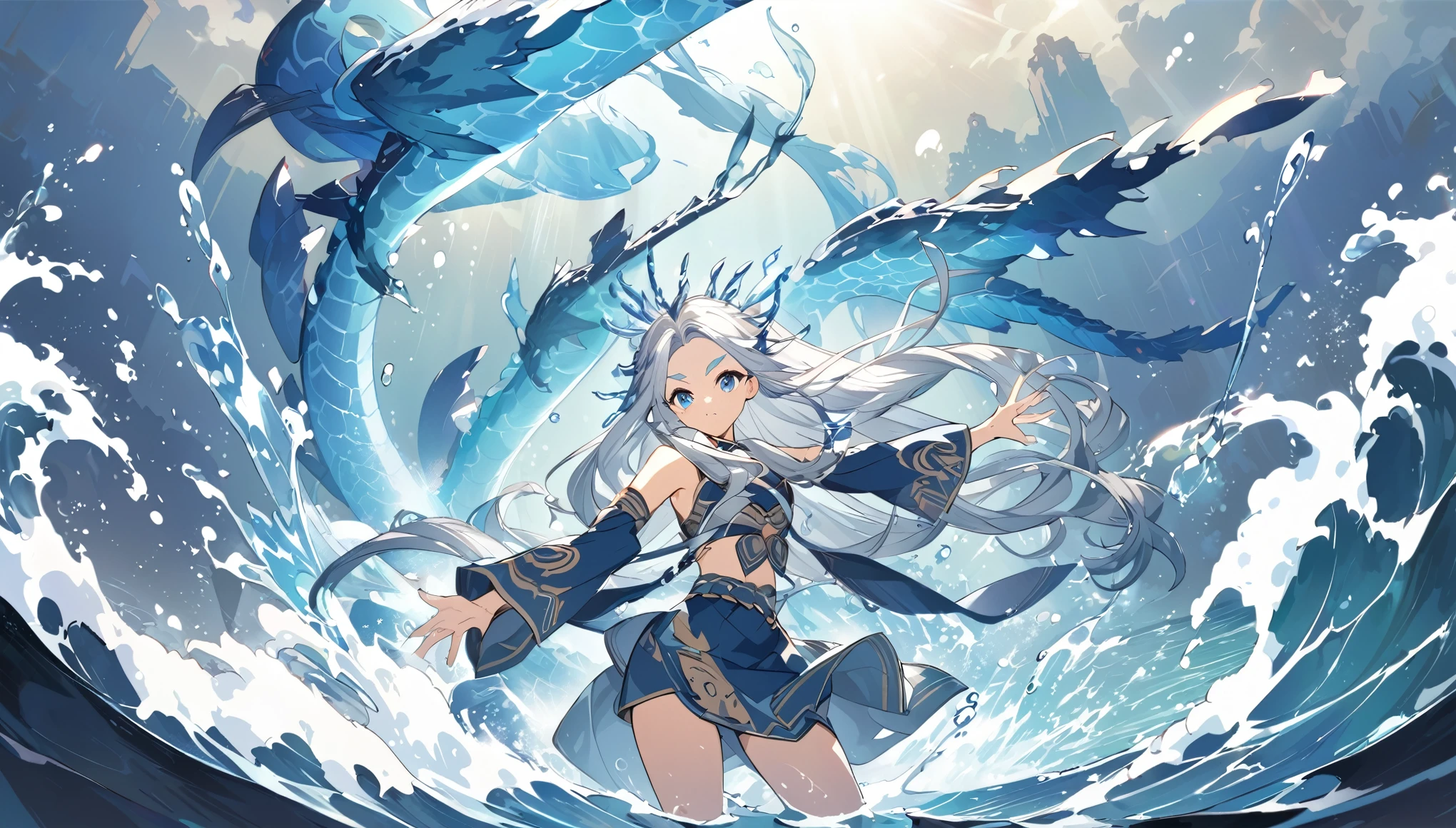 *8K masterpiece, highest quality, highest quality, Official Art, (Beauty and aesthetics: 1.3), Very detailed, (Fractal Art: 1.3), colorful, Ice and Chinese dragon, Serpentine body, nail, cyan and 1 Woman, Hanwomen's Media, Hanfu, cyan