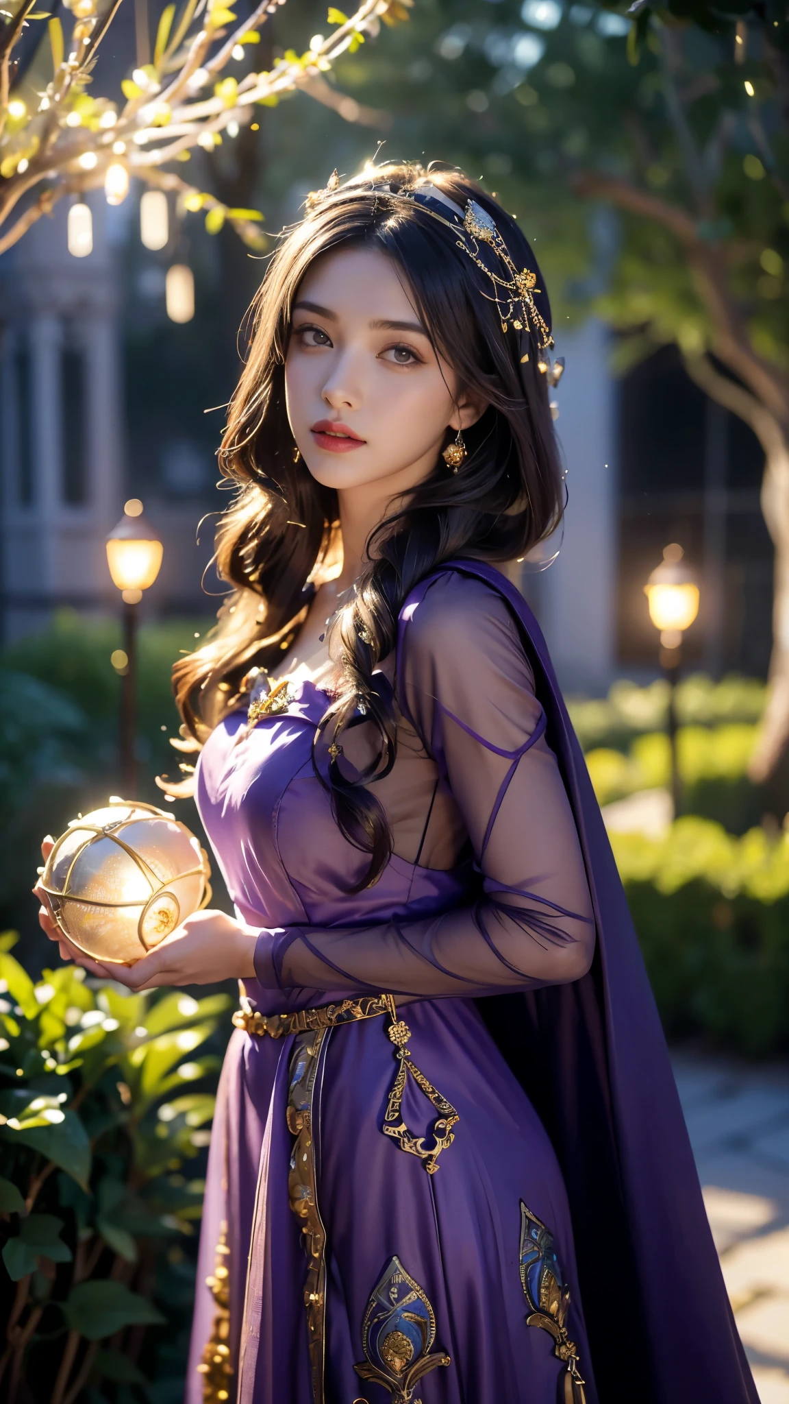 (​masterpiece, best quality:1.5), highest quality, High resolution, super detailed, Realists, Upper body photo of a brunette sorceress, detailed and beautiful eyes, beautiful detailed lips, very detailed eyes and face, longeyelashes, shiny satin dress, Holding a magic wand in your hand, Cast a transformation spell, Glowing wands available, Beautiful and colorful makeup, elegant and noble々The jewelry bag, Gardens as background, soft daylight, bright colors, fine brushstrokes, Portrait style, Silk dress fabric, beautiful color palette, glowing skin, First-class rendering, that captures every detail, enchanting atmosphere, subtle shadows and lights, (perfect anatomy:1.2), (The stunning sorceress performs a transformation spell. Waves her magic wand (a transformation with the magic wand:1.4), (magnificent panorama view:1.2)