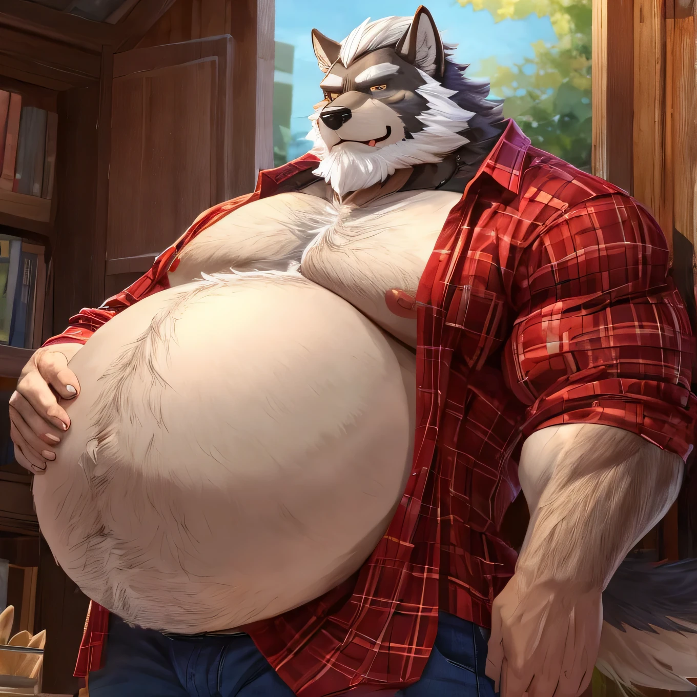 Musclegut, Bigchest, Big belly, cute werewolf bear cub, blush , opened legs , fullnude , Erect ,  Standing in a dimly lit room, Facing forward, Sweating , Precum drips