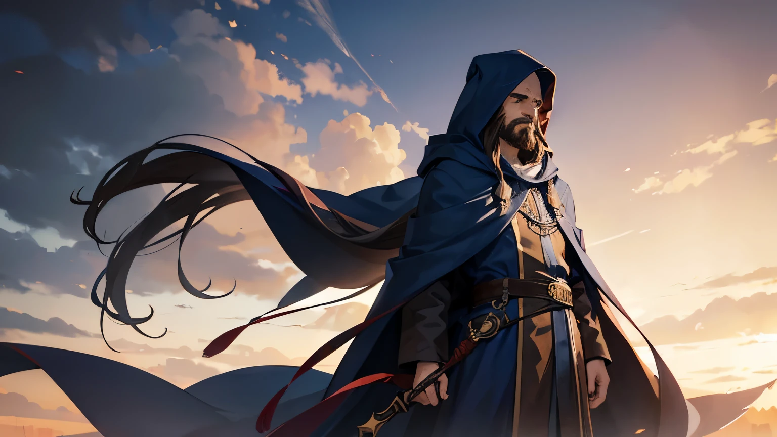 modelshoot style, (extremely detailed CG unity 8k wallpaper), full shot body photo of the most handsome artwork in the world, cloak armor, professional majestic oil painting by Ed Blinkey, Atey Ghailan, Studio Ghibli, by Jeremy Mann, Greg Manchess, Antonio Moro, trending on ArtStation, trending on CGSociety, Intricate, High Detail, Sharp focus, dramatic, photorealistic painting art by midjourney and greg rutkowski