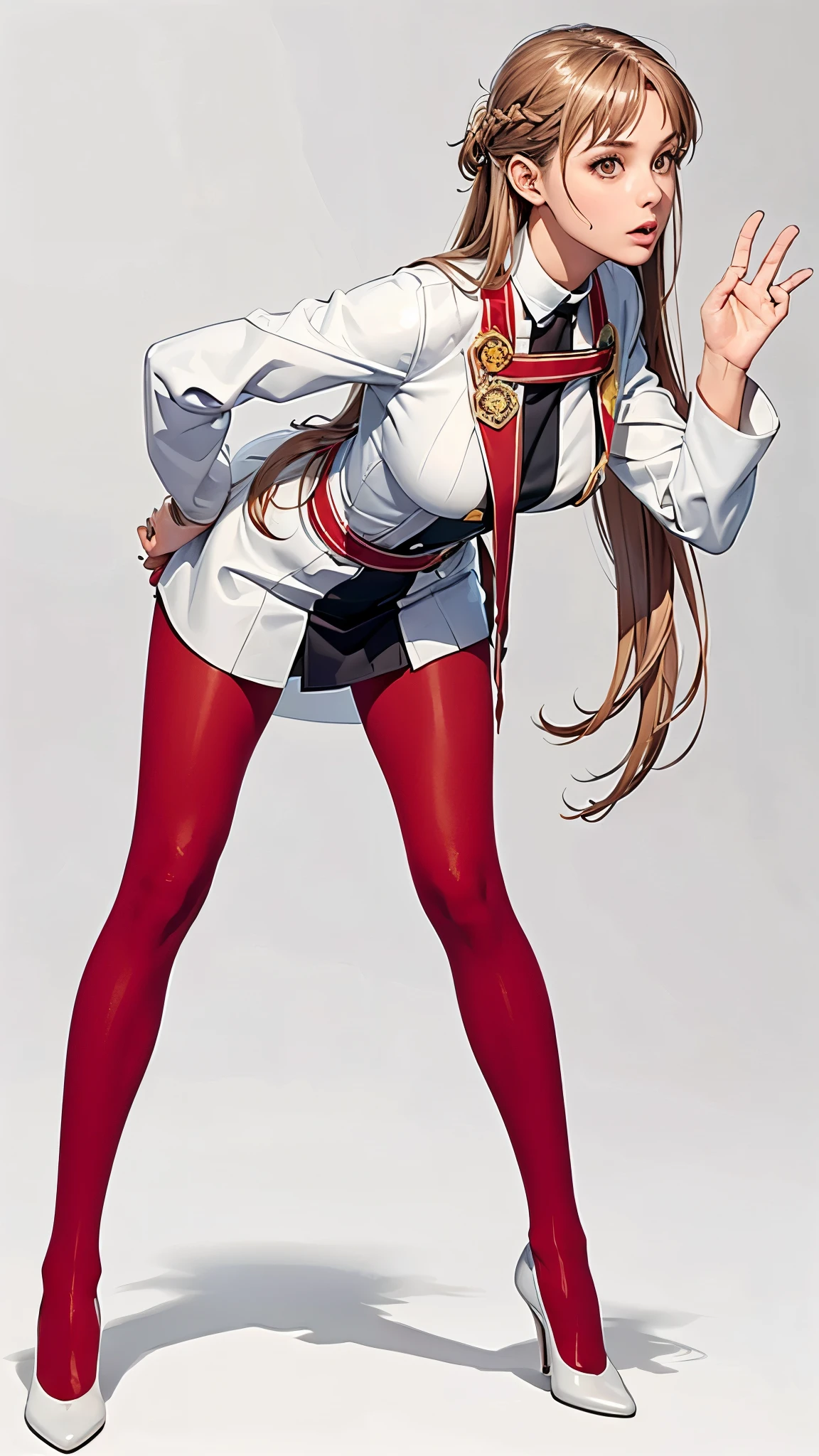 (（（Perfect body,White and tender skin,（（（uniform, jacket, long sleeves,  belt, pantyhose）））,(（（ccasuna, long hair, brown hair, brown eyes, ））),((masterpiece)),highres,((Best quality at best)),masterpiece,quality,Best quality,(（（ Exquisite facial features,Looking at the audience,There is light in the eyes, ）））,bend over，Dynamic poses，，）））