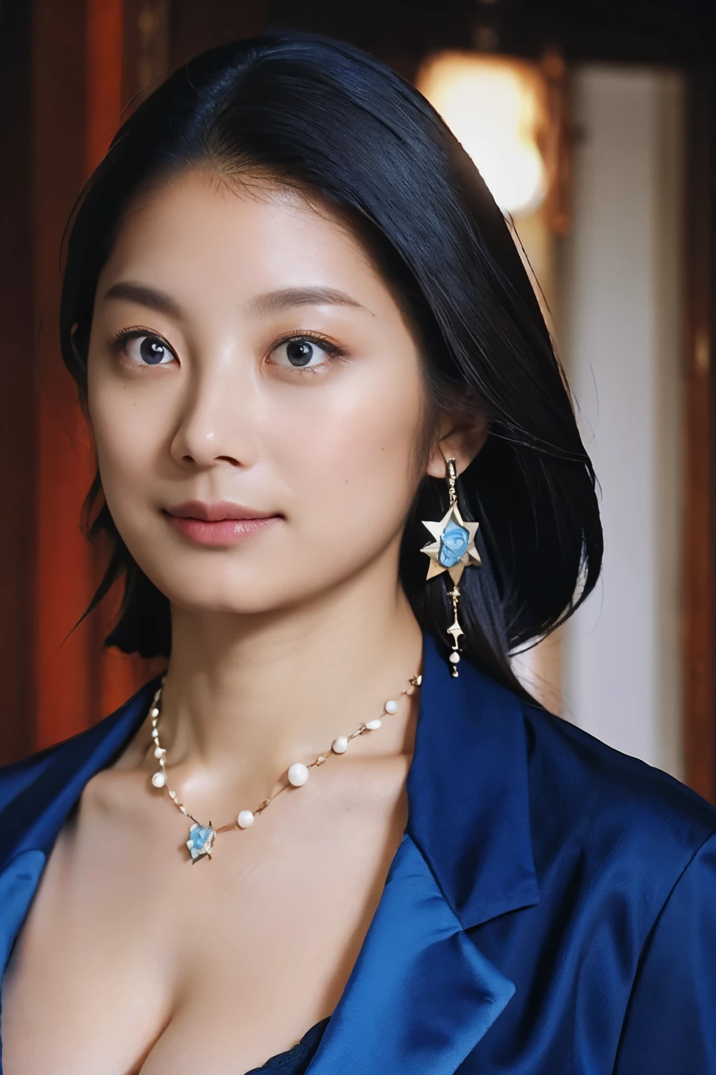 High resolution、masterpiece、Textured skin、high quality、sexy, (SFW1:0), 超High resolution、politician, Very detailed、woman、Looking at the camera、(Big Breasts:1.1)、(Cleavage:1.2), (sagging breasts:1.0), Perfect Style、dark blue jacket, suit, necklace, earring, parliament badge, upper,