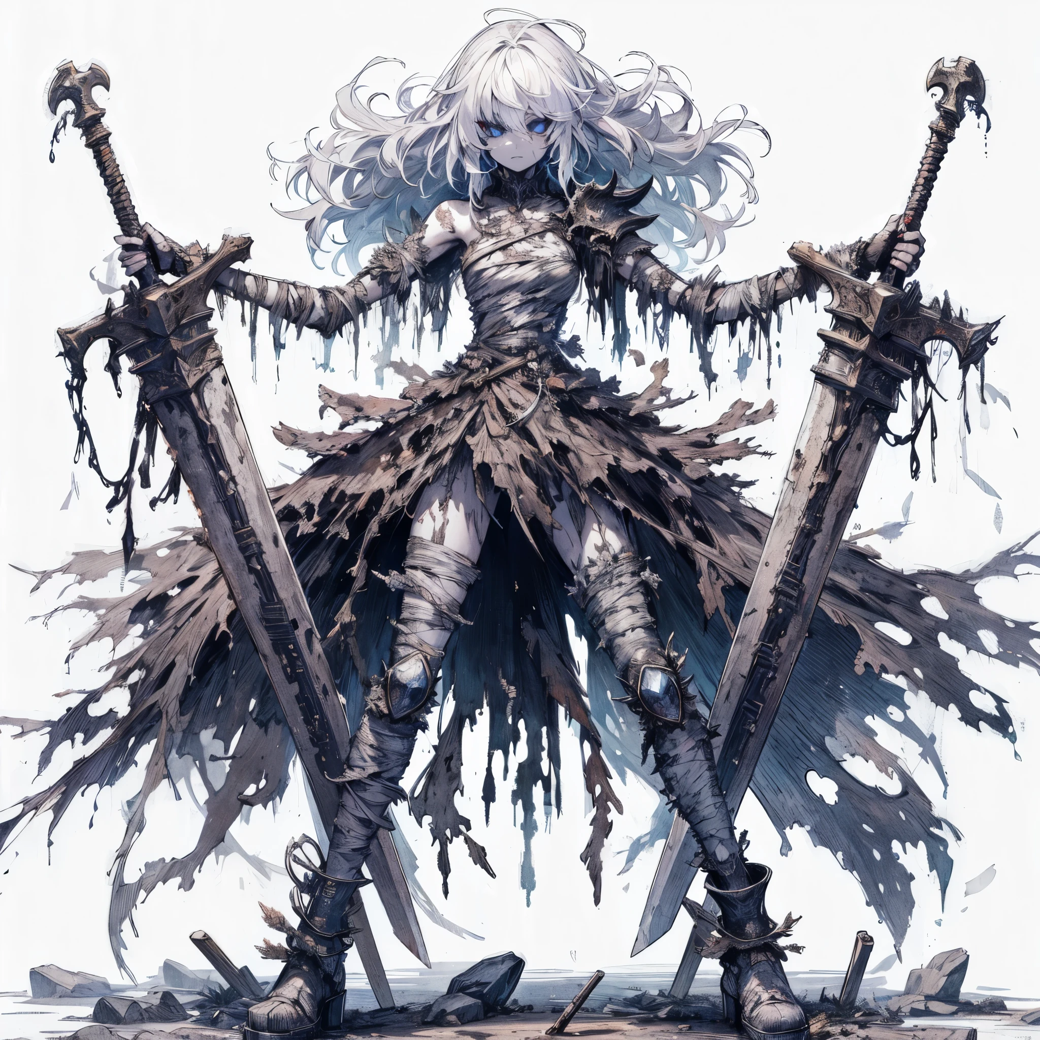 (masterpiece of the highest quality), (Thin Hair), Super detailed, Anime-inspired illustration style, Alone, Fantasy Undead Wight Fighter Girl, White shaggy hair and calcified blind eyes, Pale skin and mummified body! She holds her hands like twin swords, In tattered combat gear and a crooked, sad black dress, Boots with spurs. feminine. Super huge, Muscular, White background, Standing full body, Standing on the desolate land,
