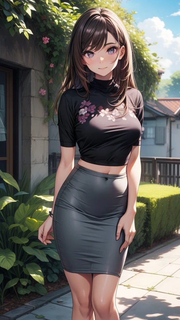 ((Biologically correct limb count))、((Natural finger shape))、((Full Body Shot, Including face))、Standing position、4K、masterpiece、((Focus on the face))、((Symmetrical facial features))、Eye for detailed depiction、Beautiful woman、Excellent style、Beautiful clavicle、Beautiful feet、Slender body、(Small Ass、Thin thighs）、(High heels）、Facial detailing、Small earrings、necklace、Low angle photo、(Topless upper body、Lower body skirt）、Park scenery on a holiday morning、Strong sunlight、(((Dazzling smile)))、Hands clasped behind back to accentuate breasts、(Face the camera)