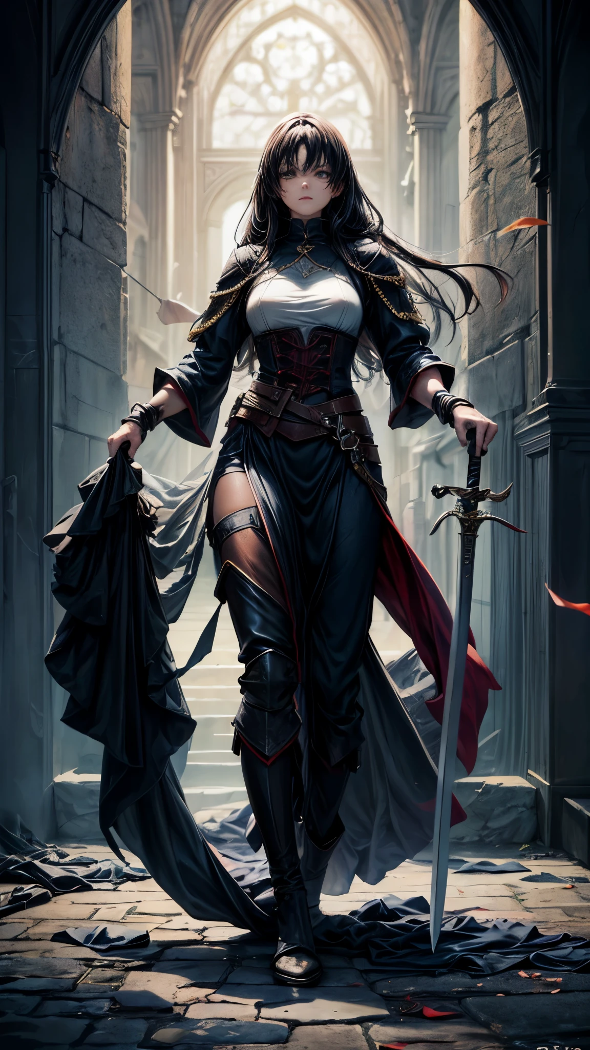 (masterpiece, 4K ,Super detailed:1.2), (anime:1), (Perfect quality), (((Adult body))), ((Combat Ready)), The whole body is shown, JRG Character, Medieval Fantasy, Princess Knight, Female Swordsman, Looking at the viewer, Aggressive Posture, rpg, Glare, Hostilities, Holding a sword
