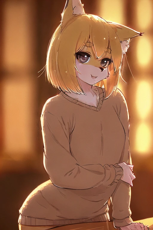 1 girl, furry, slender, pointed ears, tail, short blonde hair not past the neck, sweater, small breasts, cute face, tight clothes, shy, (best quality,4k,8k,highres,masterpiece:1.2),ultra-detailed,(realistic,photorealistic,photo-realistic:1.37),extremely detailed face and eyes,detailed facial features,beautiful detailed eyes,beautiful detailed lips,highly detailed portrait,intricate details,warm lighting,natural colors,soft focus,delicate features,cute expression