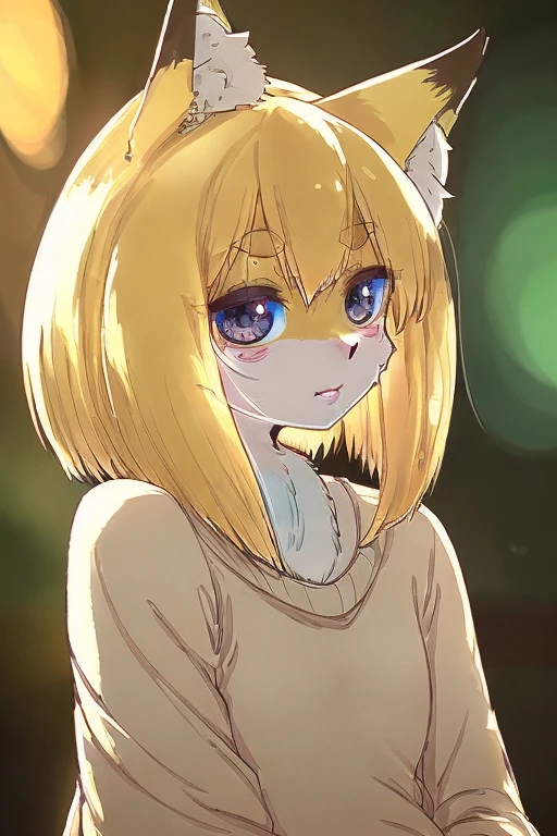 1 girl, furry, slender, pointed ears, tail, short blonde hair not past the neck, sweater, small breasts, cute face, tight clothes, shy, (best quality,4k,8k,highres,masterpiece:1.2),ultra-detailed,(realistic,photorealistic,photo-realistic:1.37),extremely detailed face and eyes,detailed facial features,beautiful detailed eyes,beautiful detailed lips,highly detailed portrait,intricate details,warm lighting,natural colors,soft focus,delicate features,cute expression