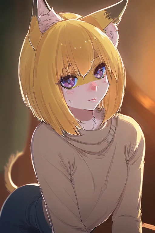 1 girl, furry, slender, pointed ears, tail, short blonde hair not past the neck, sweater, small breasts, cute face, tight clothes, shy, (best quality,4k,8k,highres,masterpiece:1.2),ultra-detailed,(realistic,photorealistic,photo-realistic:1.37),extremely detailed face and eyes,detailed facial features,beautiful detailed eyes,beautiful detailed lips,highly detailed portrait,intricate details,warm lighting,natural colors,soft focus,delicate features,cute expression