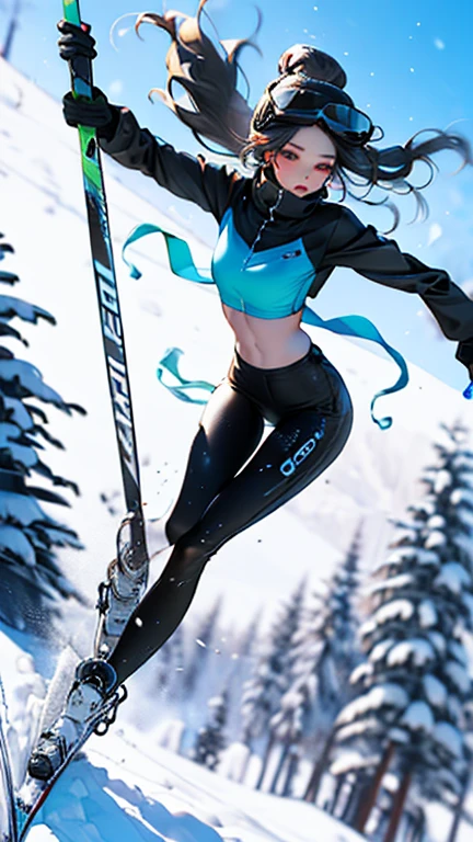 Epic CG masterpiece, hdr,dtm, full ha,8K, ultra detailed graphic tension, dynamic poses, stunning colors, 3D rendering, surrealism, cinematic lighting effects, realism, 00 renderer, super realistic, full - body photos, super vista, super wide Angle, HD
super wide lens, a girl  skiing through some snow in fluorescent fluorescent Red, in the style of shilin huang, detailed attention to costume and fashion, eye-catching, body extensions, sfumato fluid, movements, extremely detailed textures and lights, photorealistic 32K resolution gym_uniform, exposed abdomen
(Slim body:1.1)(long legs:1.3), (skinny legs:1.2),
