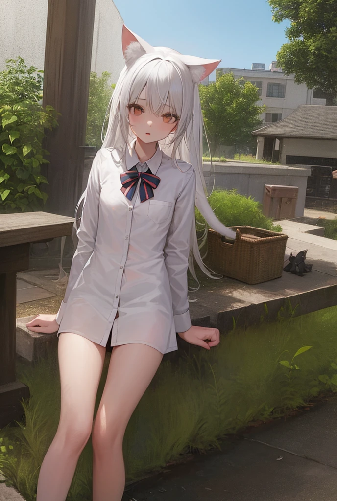 1girl, ebenya, looking at viewer, white hair, neko, cat ears, cat tail, white shirt, open clothes, russian city, ba-shiroko