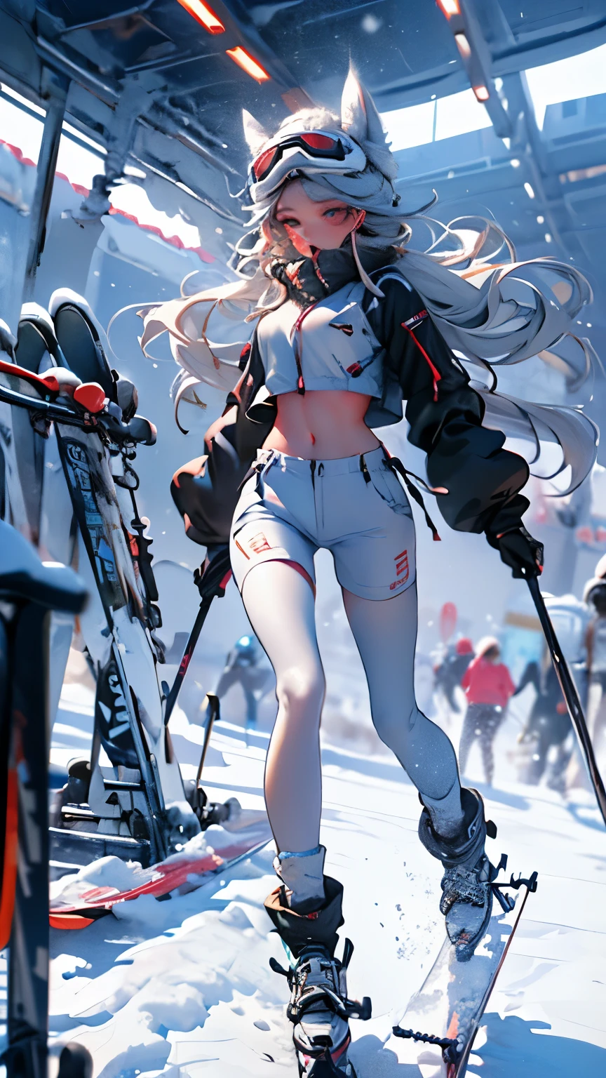 Epic CG masterpiece, hdr,dtm, full ha,8K, ultra detailed graphic tension, dynamic poses, stunning colors, 3D rendering, surrealism, cinematic lighting effects, realism, 00 renderer, super realistic, full - body photos, super vista, super wide Angle, HD
super wide lens, a girl  skiing through some snow in fluorescent fluorescent Red, in the style of shilin huang, detailed attention to costume and fashion, eye-catching, body extensions, sfumato fluid, movements, extremely detailed textures and lights, photorealistic 32K resolution gym_uniform, exposed abdomen
(Slim body:1.1)(long legs:1.3), (skinny legs:1.2),
