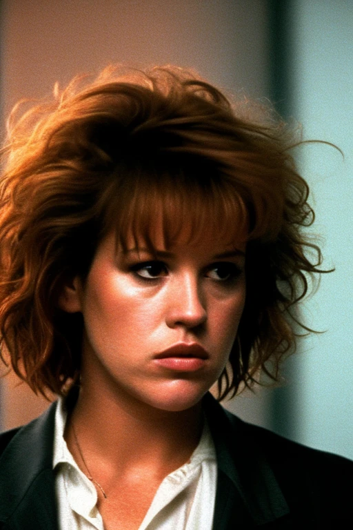 Eighteen-year-old Molly Ringwald, serious expression, brooding, with messy/shaggy razored/layered haircut with sideswept bangs, wearing gray blazer, extremely realistic, extremely detailed, extreme realism, extreme detail, extremely accurate resemblance, scene from film, digital cinematography, neo-noir, tech-noir, moody, atmospheric, dark, handheld camera footage, gritty, muted, Miami Vice (2006) influenced, grainy, underlit, Kane and Lynch 2 influnced, tense, directed by Michael Mann, Heat influenced, Collateral influenced, low shutter speed, shadowy, bags under eyes, insomniac, film grain, night