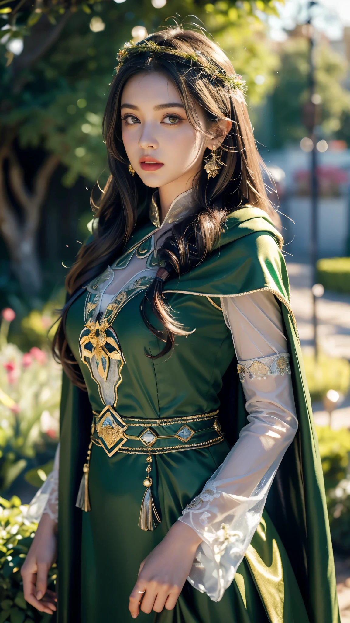 1 of 1 girls, armor, black_hair, Blurred, Blurred_background, Blurred_prospect, chest, green_eye, Closed_mouth, depth_of_Field, Earrings, jewelry, length_hair, Looking_in_Audience, smile, One person in, upper_body