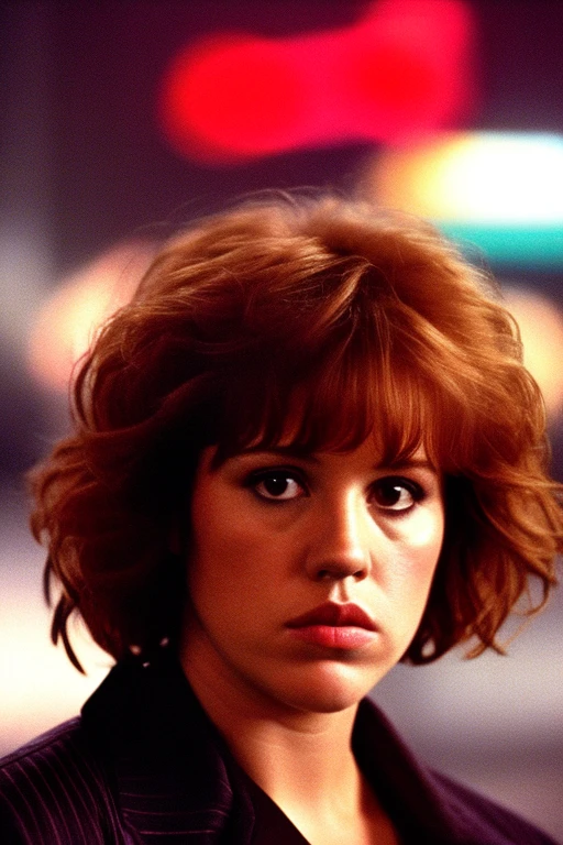 Eighteen-year-old Molly Ringwald, serious expression, brooding, with messy/shaggy razored/layered haircut with sideswept bangs, wearing gray blazer, extremely realistic, extremely detailed, extreme realism, extreme detail, extremely accurate resemblance, scene from film, digital cinematography, neo-noir, tech-noir, moody, atmospheric, dark, handheld camera footage, gritty, muted, Miami Vice (2006) influenced, grainy, underlit, tense, directed by Michael Mann, low shutter speed, shadowy, bags under eyes, insomniac, film grain, night