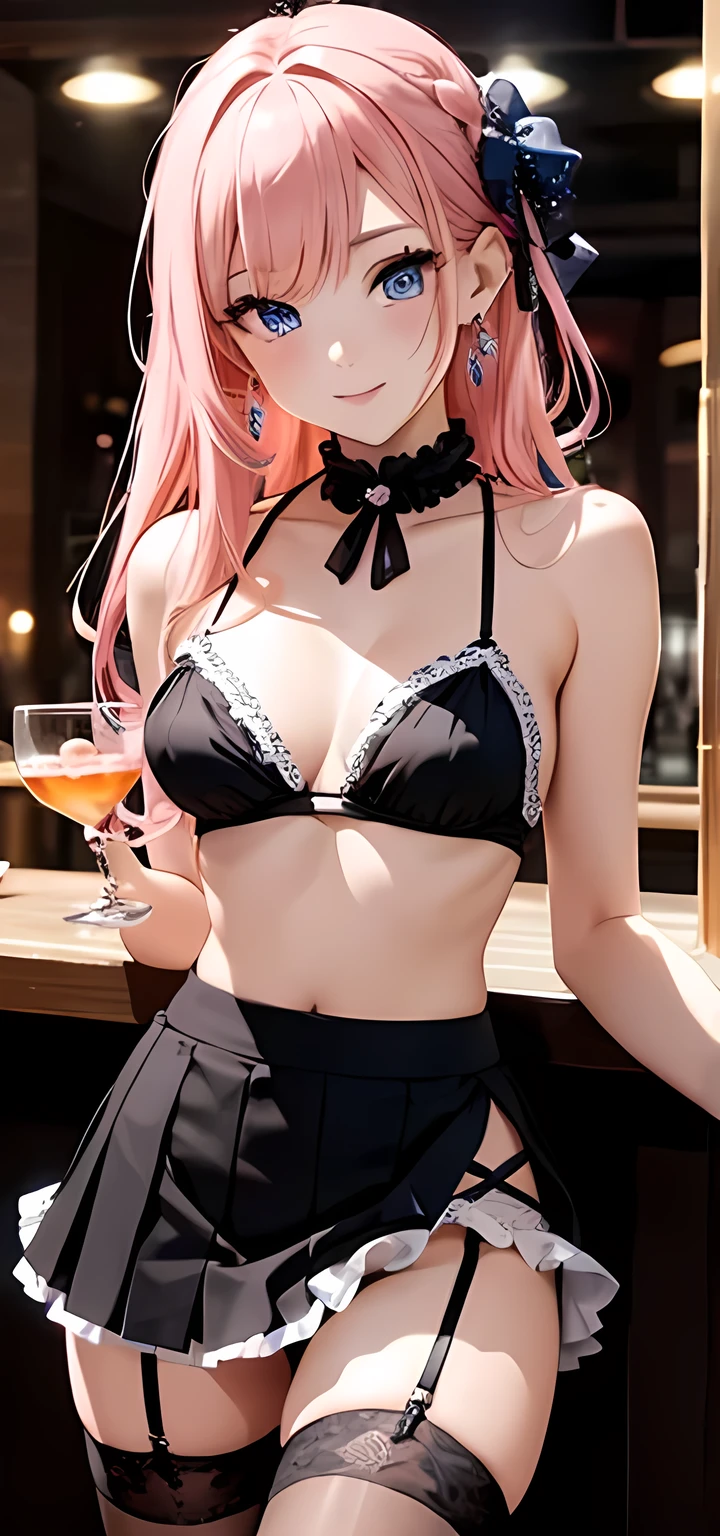 masterpieceUltra-high resolution、Best Quality、Sexy pose、Dimly lit bar background at night、Salmon pink hair、Updo:1.2, blue eyes, smile、Tilt your head、Large gemstone earrings and chokers:1.5,、Spread your legs、Model is walking、Small breasts、The body is very slim、skinny、Super tight waist、Thin thighs、Cowboy Shot、 white, black, and blue-violet floral bikini、Super mini wrap skirt、Ruffled Garter Belt:1.4