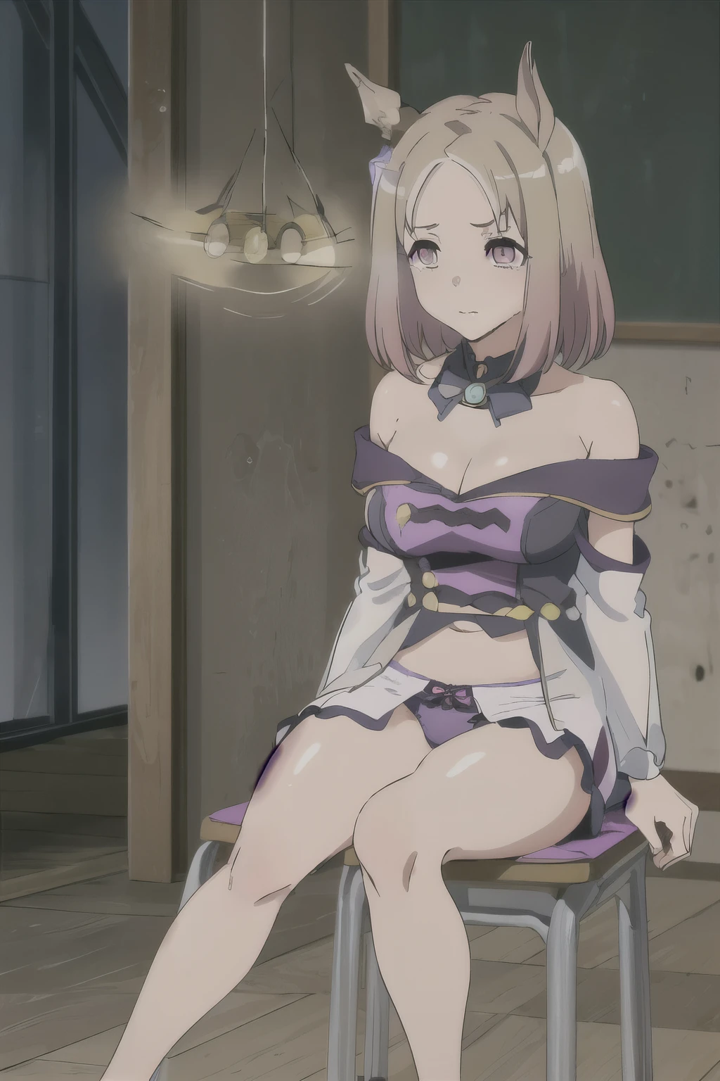 masterpiece, best quality, anime style, female, big eyes (doll-like), pink hair with curls, pink ears (cat-like), 18 years old, erotic, full body, kneeling, head tilted back, sucking a penis, revealing black lace lingerie, purple choker, black stockings with white frills, light pink lipstick, tongue visible, blurry background, indoors, dim lighting, Japanese-style room, window curtains billowing, hair tied in high ponytail with pink hair ties, earrings shaped like small hearts, heavily lined eyes, glossy lips, half-closed eyes, outstretched hand (stroking the man