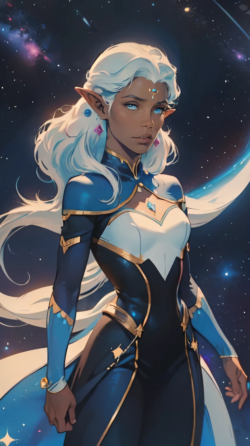 Princess allura, blue eyes, white hair, pointed ears, dark skin, dark-skinned woman, mark on the face, elf, dark elf, jewelry, earrings, loose hair, space, starry sky, galaxies, looks at the viewer, cowboy shot, solo, Dutch angle, hd