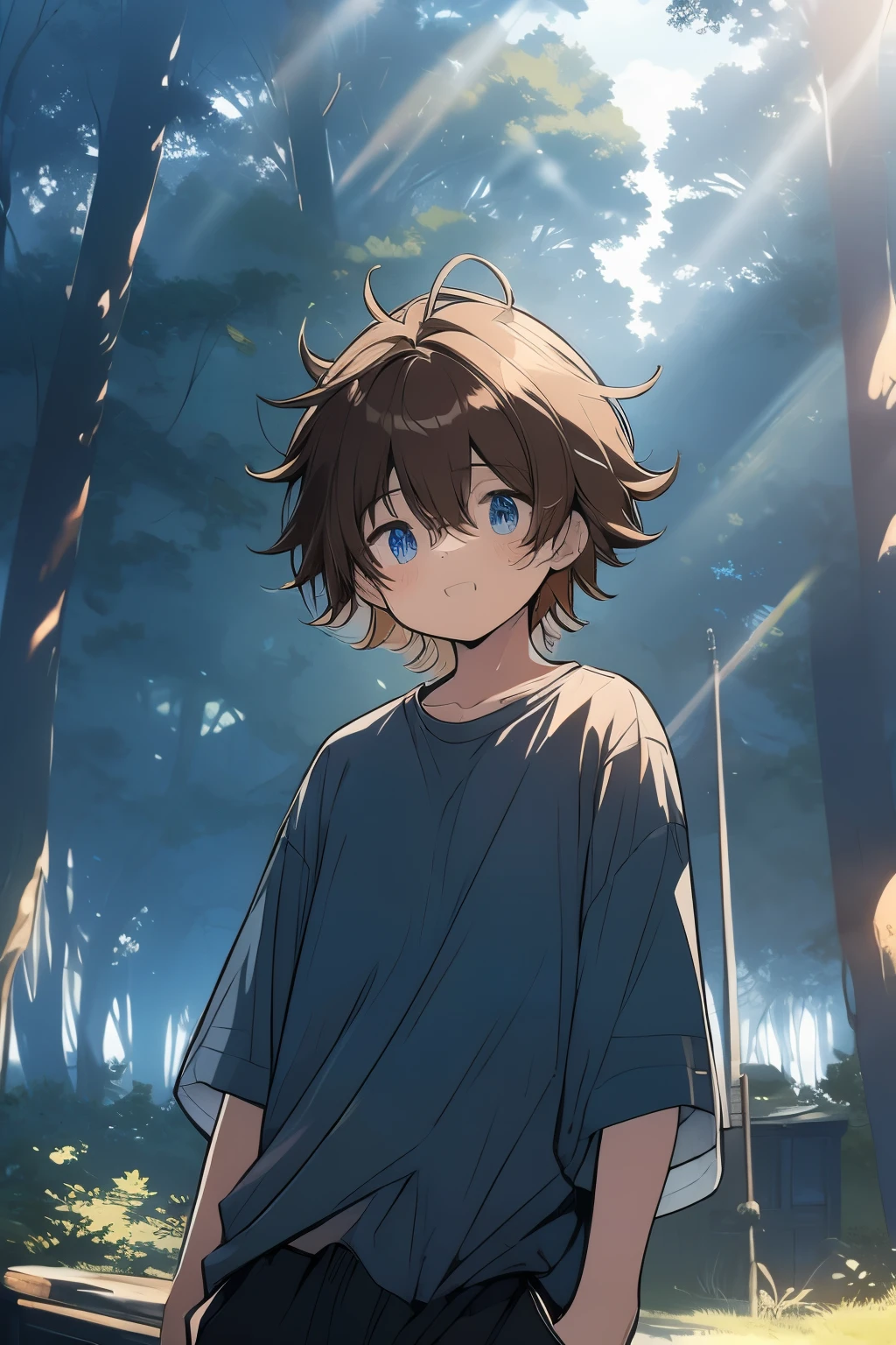 a anime boy, happy expression, brown hair, bright blue eyes, grey blue shirt, sweatpants, warm colors, natural lighting, cinematic composition, dynamic pose, summer season, light clouds, trees in forest