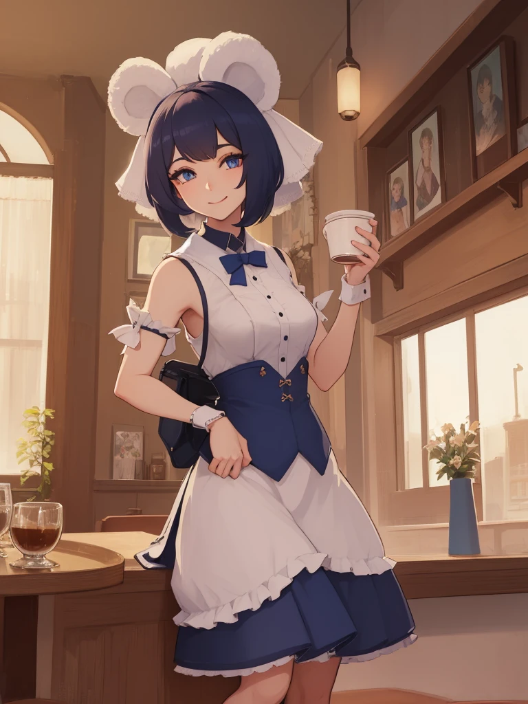 a female anthro schnauzer with blue eyes, wearing a dress, hair ribbon, and skirt in a coffee shop, cute and smiling, highly detailed, 4k, 8k, absurd resolution