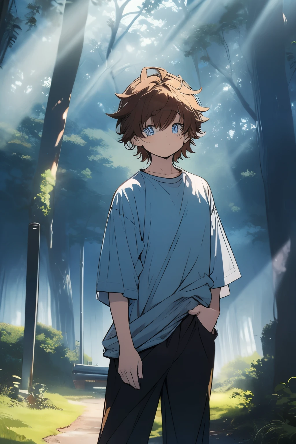 a  anime boy, happy expression, brown hair, bright blue eyes, grey blue shirt, sweatpants, warm colors, natural lighting, cinematic composition, dynamic pose, summer season, light clouds, trees in forest