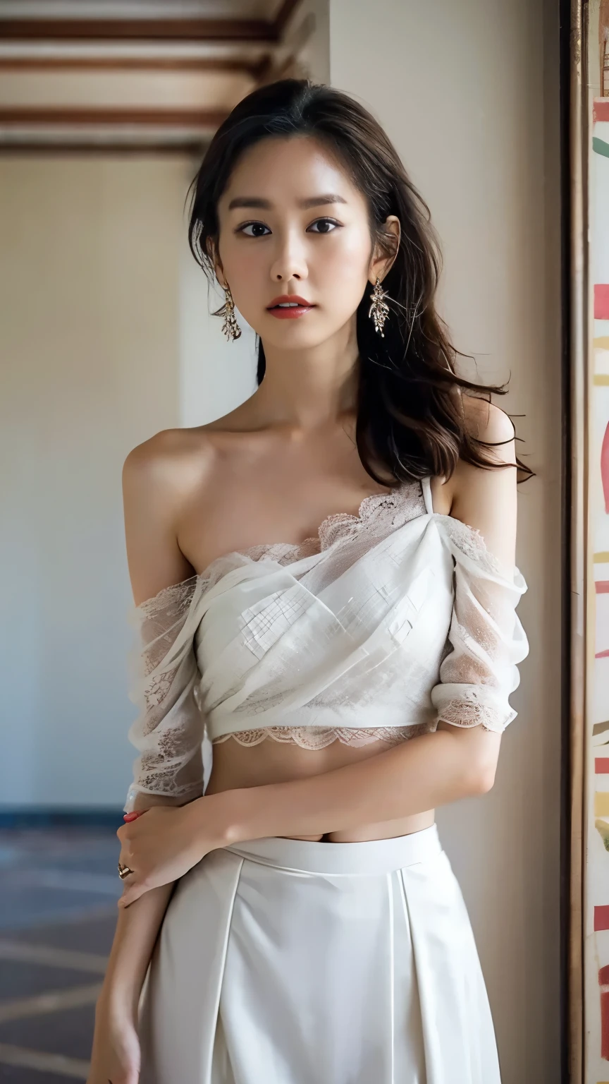 masterpiece of the highest quality, Alone, 1 girl, Glowing Skin, Shiny Earrings, glamorous, Wacky details, Slicked back hair, Charming, Bare Shoulder, Sheer lace crop top, Tight skirt, Shallow depth of field, Contrasting, Professional Model, Facing forward, Overchange、Half-open mouth、、 Small and firm breasts