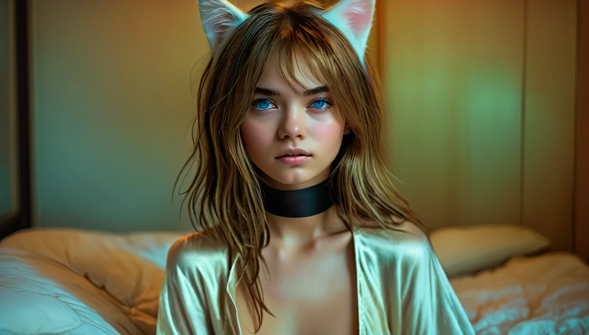 (((Pretty brunette on her knees, looking back, ribbons in her hair, 18 year old woman, happy, with two tails, perfectly symmetrical eyes, perfectly symmetrical body, open legs, bright blue eyes, pale skin, soft skin like silk))), (((NSFW:1.4))), (ultra realistic), (Photorealistic), (Higher resolution), (8k), (extremely detailed), (better photos), (beautifully detailed eyes), ( Best quality),(ultra detailed),(Masterpiece),(wallpaper),(detailed face)、exquisite lights and shadows、dynamic angle、detailed background),strong natural light、sunlight、single lens reflex camera、 sharp focus: 1.0