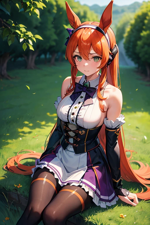 erzascarlet, red hair, brown eyes, 1girl, solo, breasts, looking at viewer, blush, large breasts, nature, pond, trees, park, long white elbow satin gloves, holding, animal ears, cleavage, bare shoulders, jewelry, very long hair, gentle smile, pantyhose, earrings, rabbit ears, green leotard, fake animal ears, playboy bunny, long white gloves