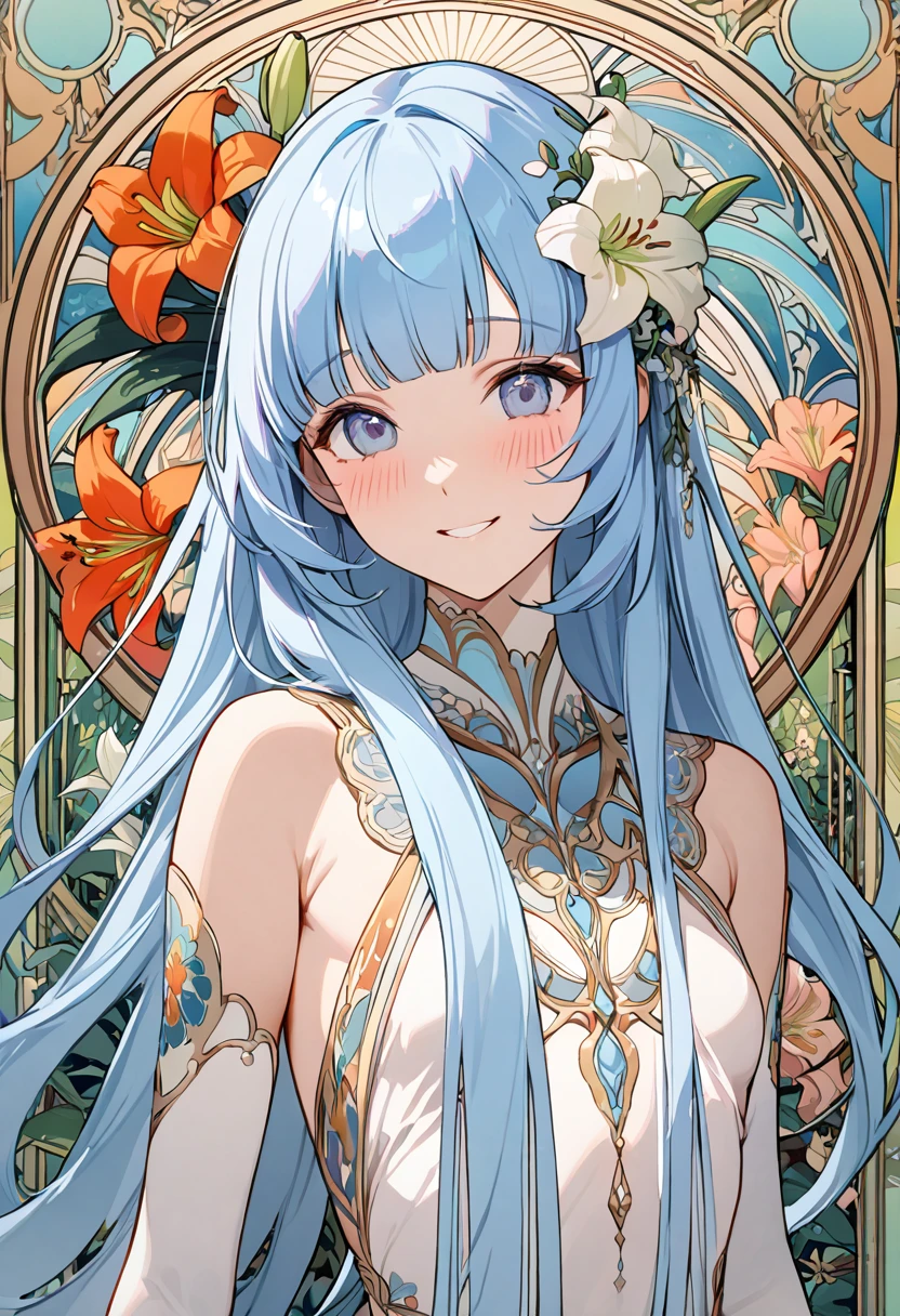 masterpiece, best quality, extremely detailed, (illustration, official art:1.1), 1 girl ,(((( light blue long hair)))), ,(((( light blue long hair)))),light blue hair, , long hair ((blush)) , cute face, big eyes, masterpiece, best quality,(((((a very delicate and beautiful girl))))),Amazing,beautiful detailed eyes,blunt bangs((((little delicate girl)))),(((tareme))),droopy eyes.(true beautiful:1.2), sense of depth,dynamic angle,,,, affectionate smile, (true beautiful:1.2),,(tiny 1girl model:1.2),)(flat chest), Poster,(Mucha:1.2),((Art Deco,Botanical Art,Flower Art)),(Floral:1.2),Lily flower,
(masterpiece, Highest quality),(Vibrant colors,colorful),(Amazing details,Detailed Background),Anatomically correct,Accurate drawing,Detail view,Sense of luxury,
