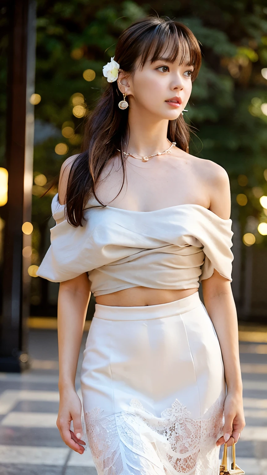 masterpiece of the highest quality, Alone, 1 girl, Glowing Skin, Shiny Earrings, glamorous, Wacky details, Slicked back hair, Charming, Bare Shoulder, Sheer lace crop top, Tight skirt, Shallow depth of field, Contrasting, Professional Model, Facing forward, Overchange、Half-open mouth、、 Small and firm breasts