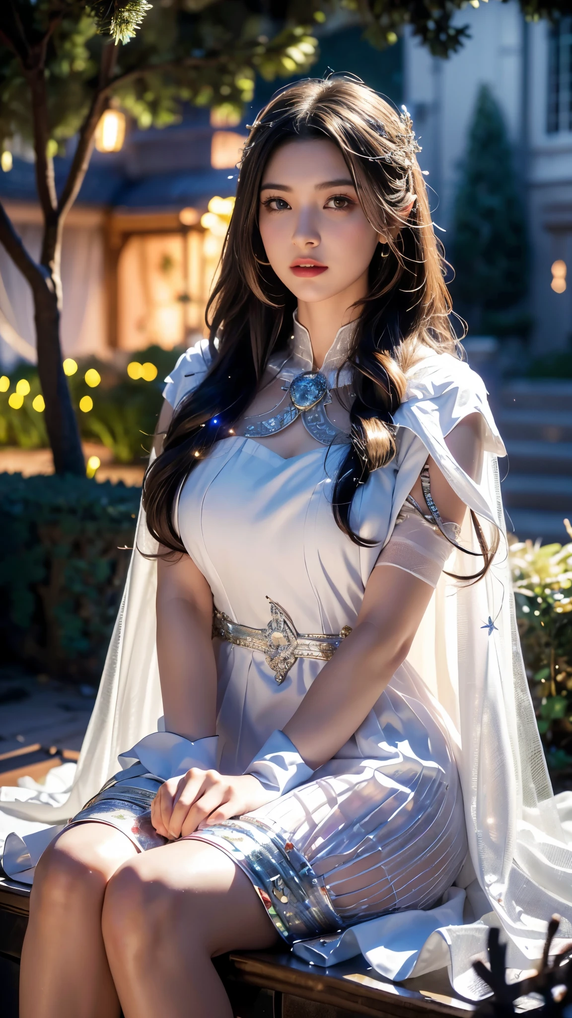 A close up of a woman sitting on a bench in a dress - SeaArt AI