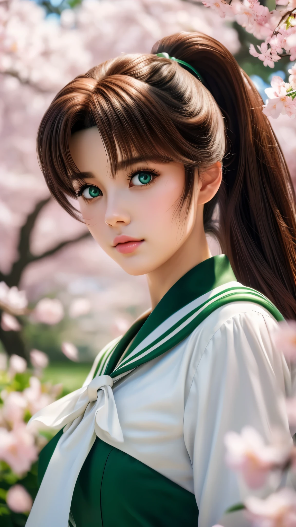 a beautiful young girl with brown ponytail hair, stunning green eyes, delicate facial features, wearing a cute school uniform, standing in a lush garden surrounded by cherry blossoms, (best quality,4k,8k,highres,masterpiece:1.2),ultra-detailed,(realistic,photorealistic,photo-realistic:1.37),intricate details,vibrant colors,soft lighting,cinematic composition,anime style,beautiful detailed eyes,beautiful detailed lips,extremely detailed eyes and face,longeyelashes,1girl, makoto, sailor jupiter, no headpiece