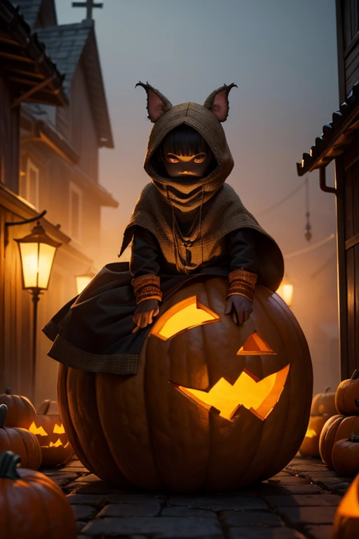 (masterpiece, best quality:1.2),digital painting of a smiling trick-or-treater girl, blood, holding a Jack-o'-lantern candy bucket, dressed in a cute cat costume with cat ears and tail, standing at the door, looking excited, cute and gothic aesthetic, by J.C. Leyendecker, halloween costume hood, Jack-o'-lantern, trick-or-treating, autumn leaves, candy pumpkins, gothic house, scary, eerie