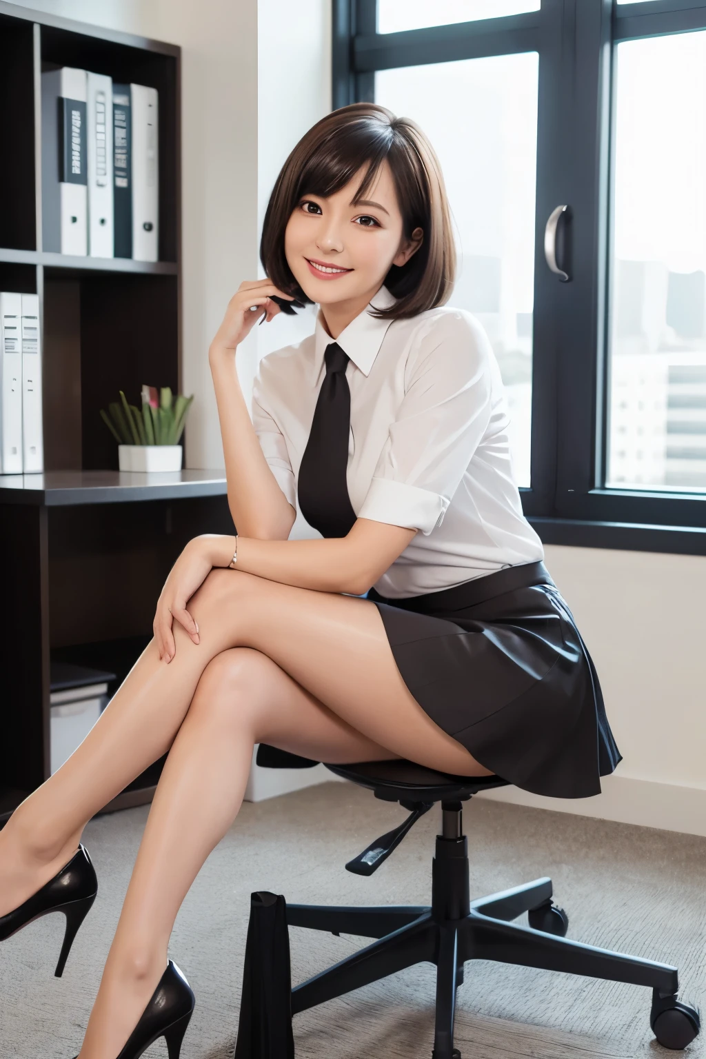 ((office))、Laughter、(Realistic、Photorealistic:1.37)、(masterpiece)、(Highest quality:1.4)、(Ultra-high resolution:1.2)、(RAW Photos:1.2)、(Sharp focus:1.3)、(Squat:1.2)、elegant、(Whole Body Ezbian:1.2)、(A pencil skirt with attention to detail、Black suit jacket、Girl in white shirt:1.3)、(OL)、Professional attire、Stiletto heels、(24-years-old:1.1)、(smile:1.3)、(Shiny Hair:1.3)、 Brown haired、Bobcut、 Short pencil skirt、Stick your butt out
(Huge boobs:1.2)、(Indoors in bright daylight:1.2), Side shot、Beautifully detailed eyes、 Seeing the viewer,、(cute)、(((Stiletto heels)))、
