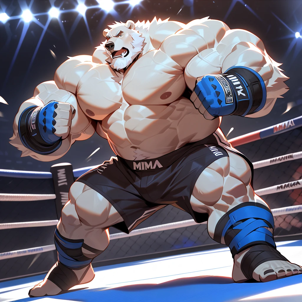 huge muscular polar bear in gymnasium, big smirk, polar bear, huge white fur, thick arm, huge arm, white mustache, white bearded. Short white hair, (huge thick muscular, huge pectoral, wide pectoral, thick arms), gymnasium, ring, realistic, 8k, masterpiece, (wearing black mixed martial arts shorts with blue slits, mixed martial art fingerless UFC gloves with blue pads, black toeless footwear and shirtless and topless), training on kicking and punching