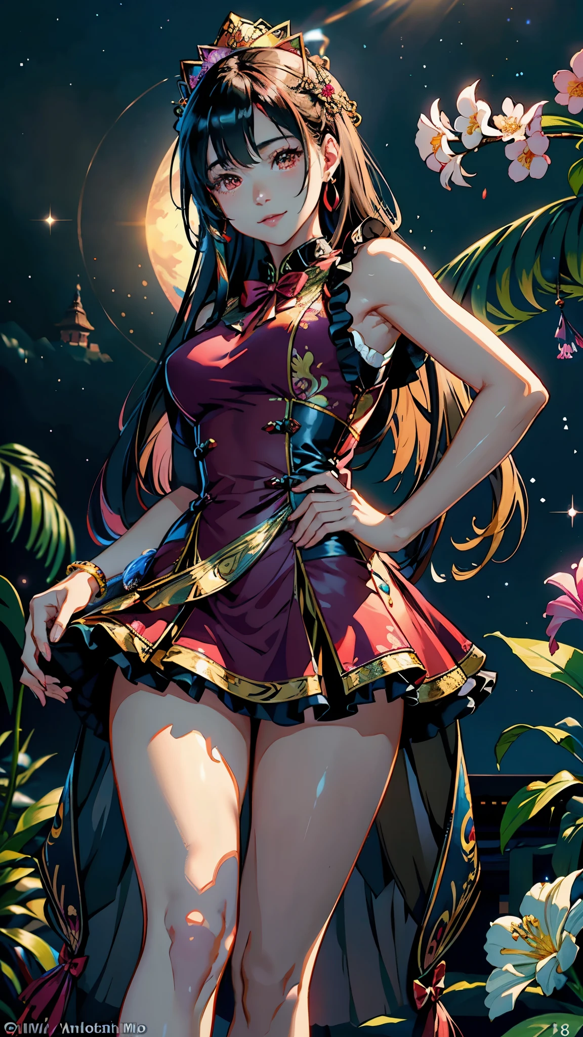 (highest quality, masterpiece, High resolution)、(anime art)、bright light、brown eyes、(Cat ear)、long hair、hair ornaments、choker、Cute face details、enchanting smile、small breasts、whole body、((sakura tropical background))、 black red dress outfit,  black red outfits(best quality,4k,8k,highres,masterpiece:1.2),ultra-detailed,(realistic,photorealistic,photo-realistic:1.37),acrylic painting,beautiful Indonesian model in a Lolita dress with downy hair,beautiful Indonesian model with extremely colorful hair and detailed facial features,beautiful Indonesian model standing in a beautiful garden surrounded by a starry sky,beautiful Indonesian model wearing a vibrant Lolita dress,beautiful Indonesian model with intricate accessories and a matching hat,beautiful Indonesian model posing gracefully with her hands on her hips,beautiful Indonesian model with long flowing twintails,beautiful bright brown eyes and rosy lips,beautiful Indonesian model with a joyful expression,beautiful Indonesian model in a dynamic pose with cherry blossoms falling around her,beautiful Indonesian model surrounded by colorful flowers and butterflies,beautiful Indonesian model's dress adorned with cute bows and lace details,beautiful Indonesian model with an enchanting smile,beautiful Indonesian model with soft, pastel-colored shading,beautiful Indonesian model with a magical glow illuminating her,beautiful Indonesian model in a picturesque setting with a winding path leading to a magnificent castle,beautiful Indonesian model holding a microphone and singing passionately,beautiful Indonesian model with a fairytale-like background,beautiful Indonesian model with a soft, dreamy atmosphere,beautiful Indonesian model with a subtle bokeh effect,beautiful Indonesian model standing under a moonlit sky,beautiful Indonesian model with a warm, golden sunset in the background,beautiful Indonesian model surrounded by twinkling stars and colorful nebulae,creating an ethereal and captivating artistic