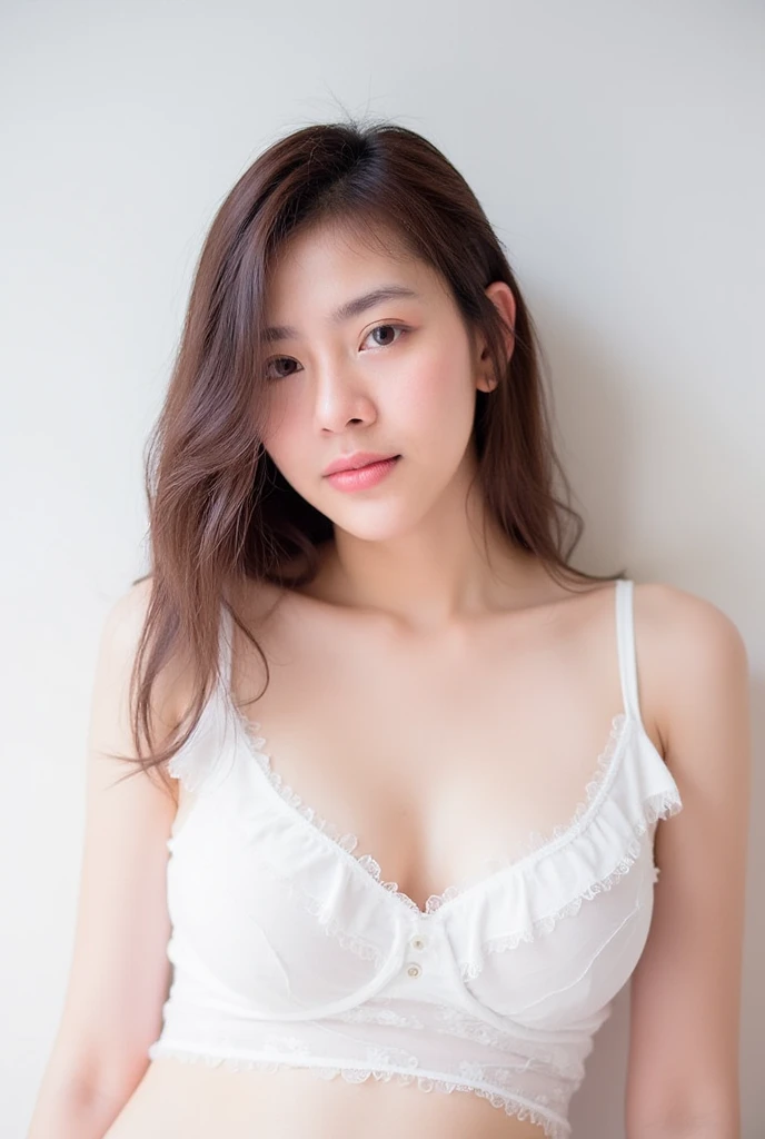 The image depicts of portrait 1 Thai woman long hair, look at camera, a cleavage white sheer ruffled hem chemise lingerie, white background