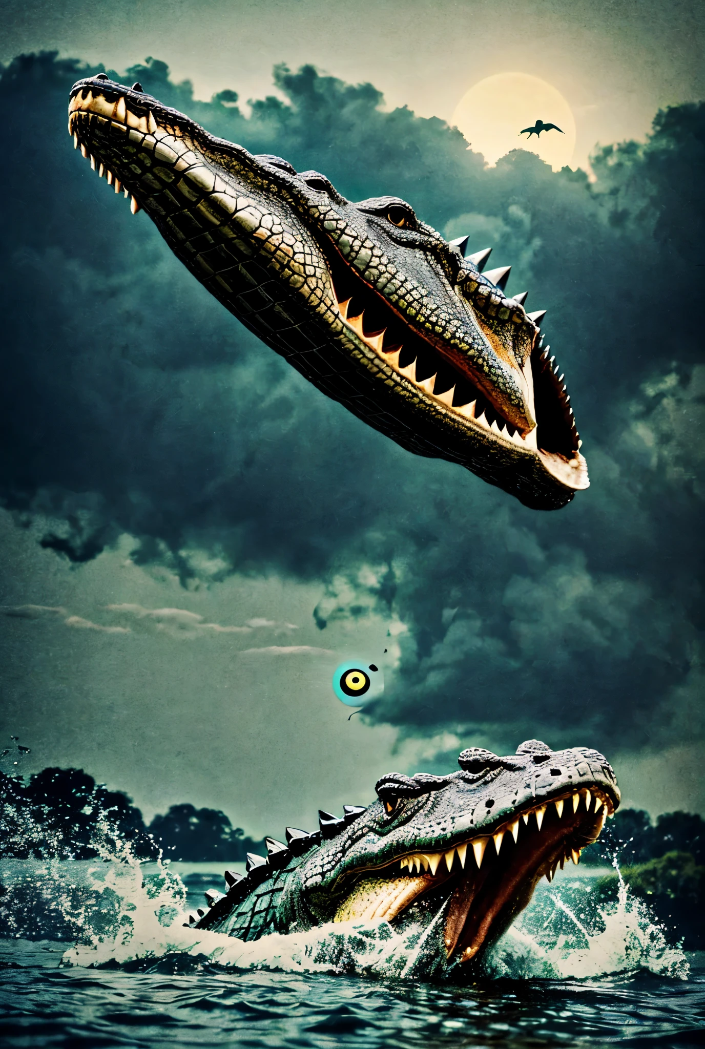 A crocodile jumped out of the water and swung in the air in a 2 gesture, angry, evil, Lonely, devil eye, angry, Digital art, 