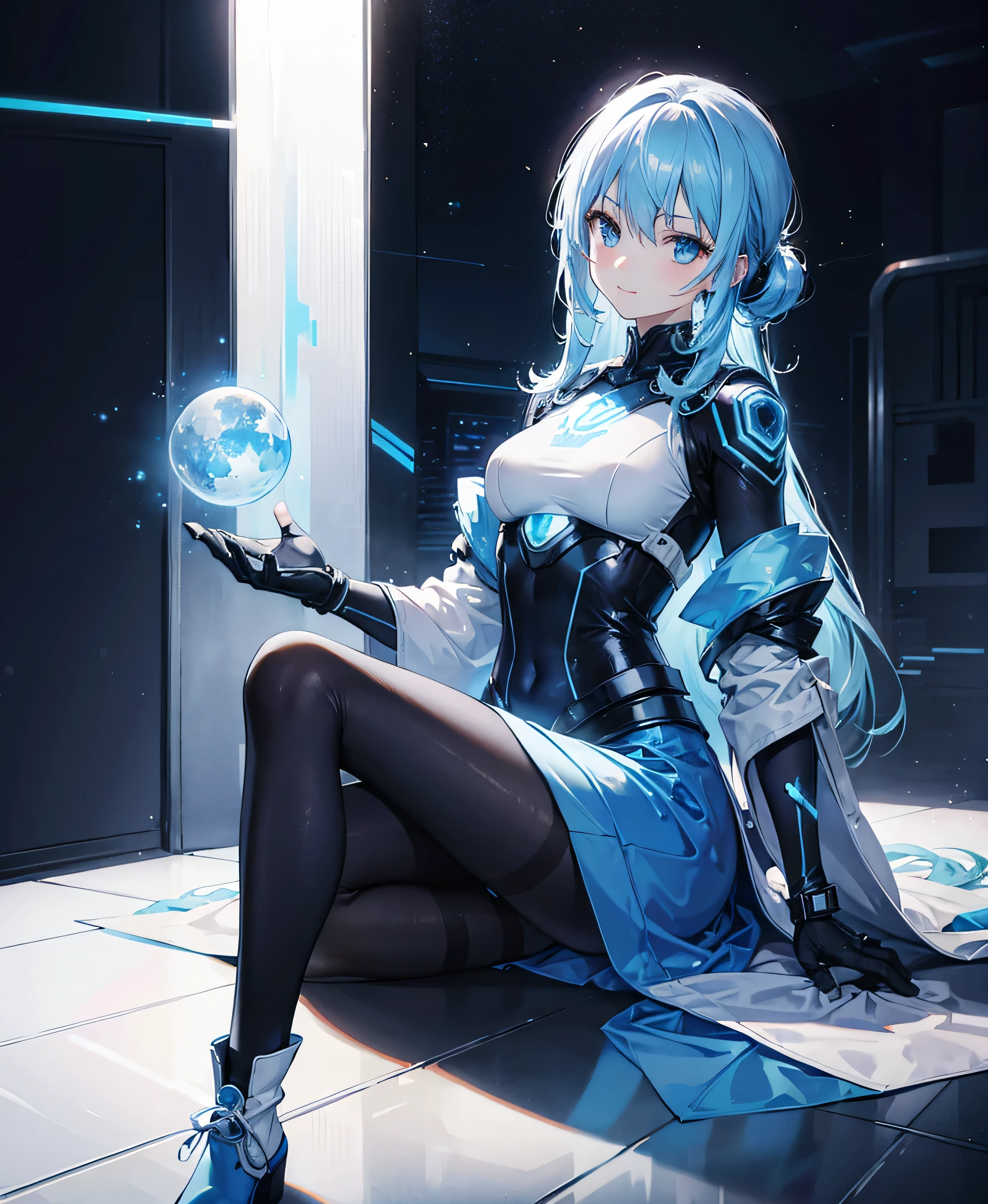 8K, Highest quality, (real:1.4), Original photo, 1 girl, Asari Hair, Biological Amplifier, Very sleek and futuristic armor, posture: Peace talks between warring factions,,attention arousal, smart blue eyes,A modest smile,Knee-high boots,Patent-look blue tights,Blue big moon and blue light swirl in the background,Blue light from behind,blue light magic,A small, glowing blue ball in the palm of your hand,Blue flame swirl,Blue Comet,Polished floor,