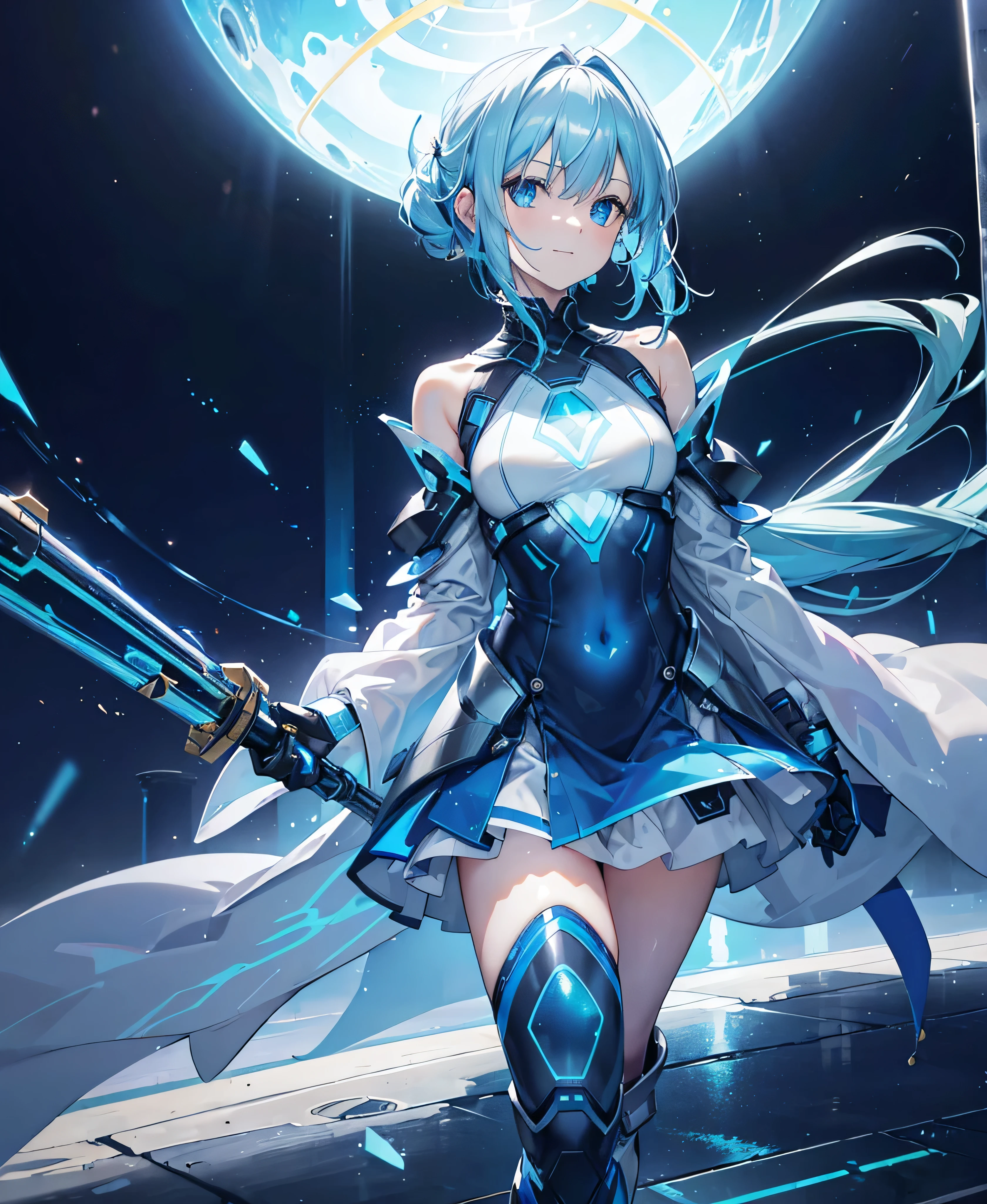 ・Create a full-body character。
The motif is liquid crystal。
- The color is light blue.。
The costumes are futuristic。
