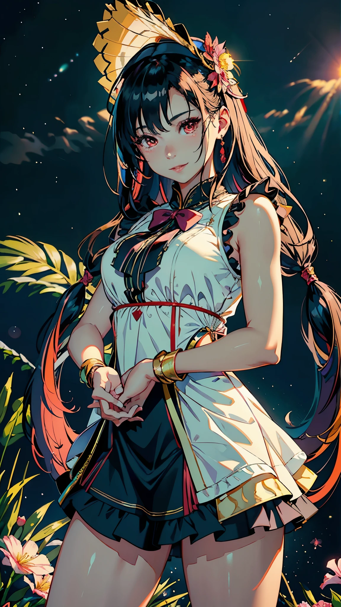Hibiscus themed artwork, ((Highest quality)), High resolution, 8k, Cinematic Light, High Contrast, Written boundary depth、Tropical、Healthy tanned skin、beautiful, Strong brilliance, Detailed Background, One Girl, cute, fine grain, Shining Eyes, Detailed Iris、